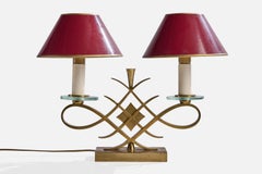 Genet & Michon, lampe de table, laiton, verre, parchemin, France, années 1950