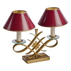 Genet & Michon, lampe de table, laiton, verre, parchemin, France, années 1950