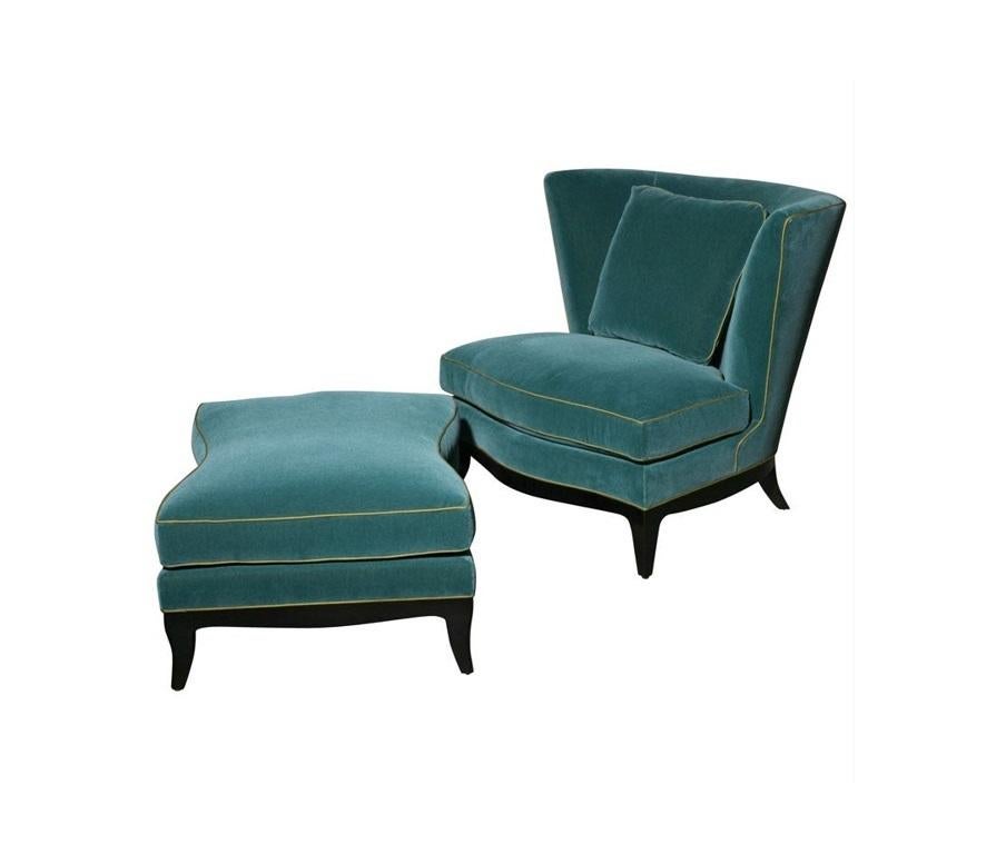 Amazingly unique and highly stylized sculptural chair and ottoman set designed by Angelo Donghia for Donghia, just screams for attention! One of Donghia's most coveted and graceful forms, the 'Geneva' chair is an irresistible beauty, perfectly