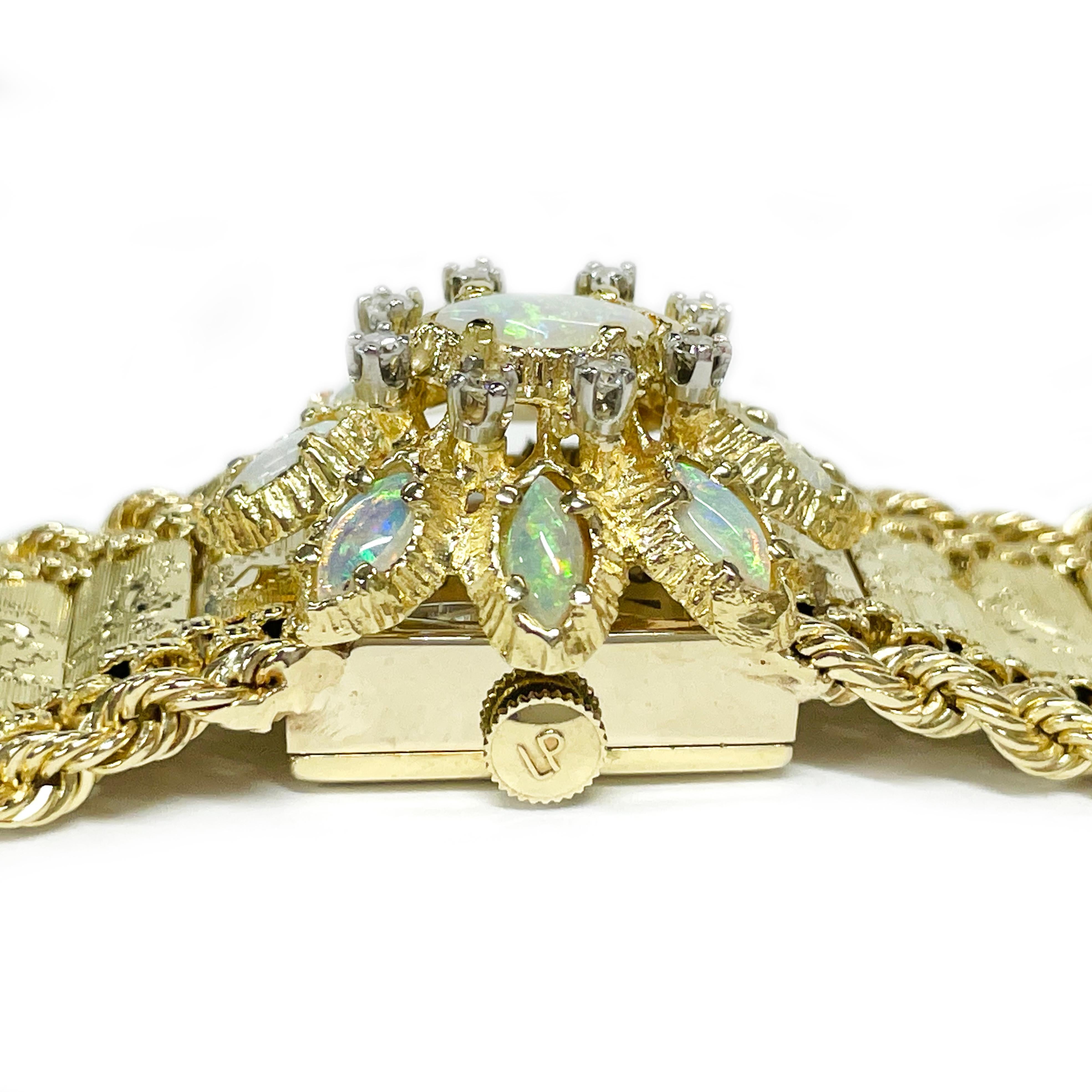 Geneva Gelbgold 17 Jewels Opal-Diamant-Armbanduhr (Retro) im Angebot