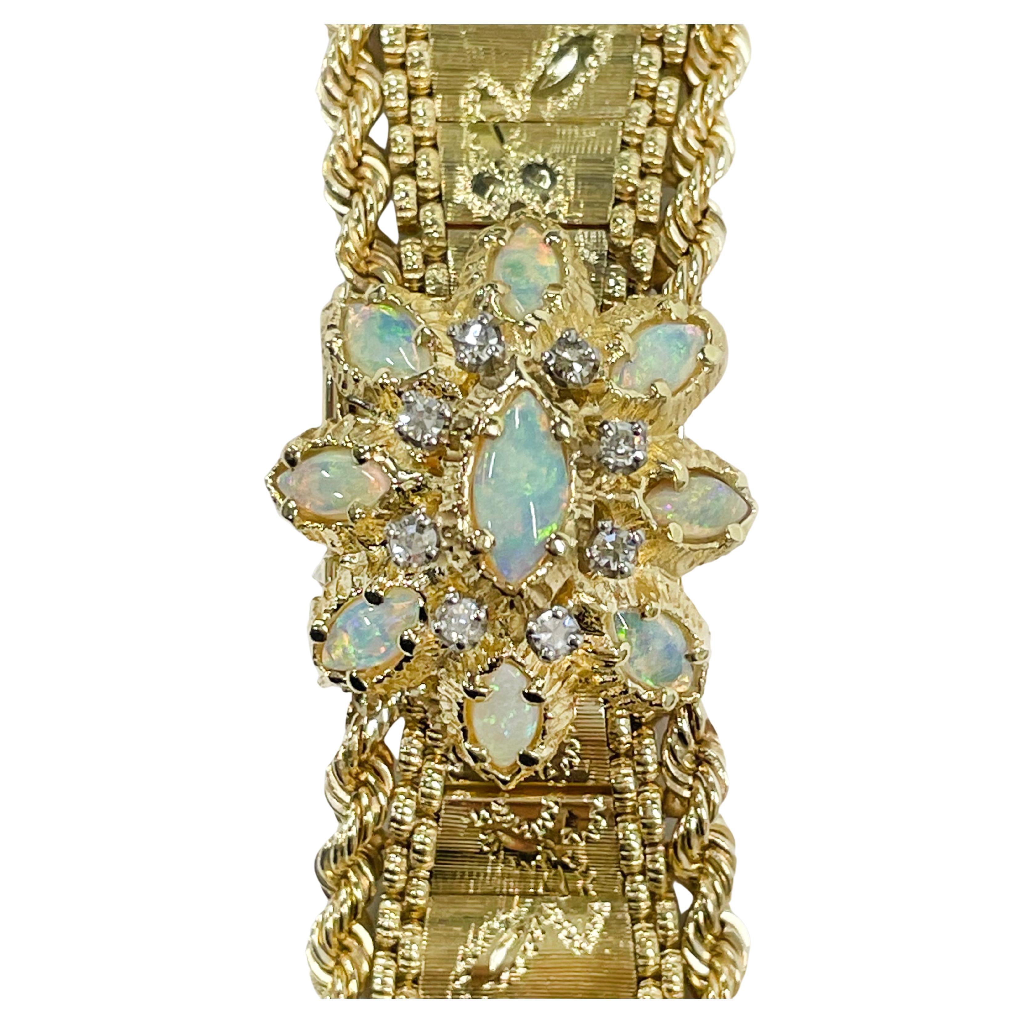 Geneva Yellow Gold 17 Jewels Opal Diamond Wristwatch