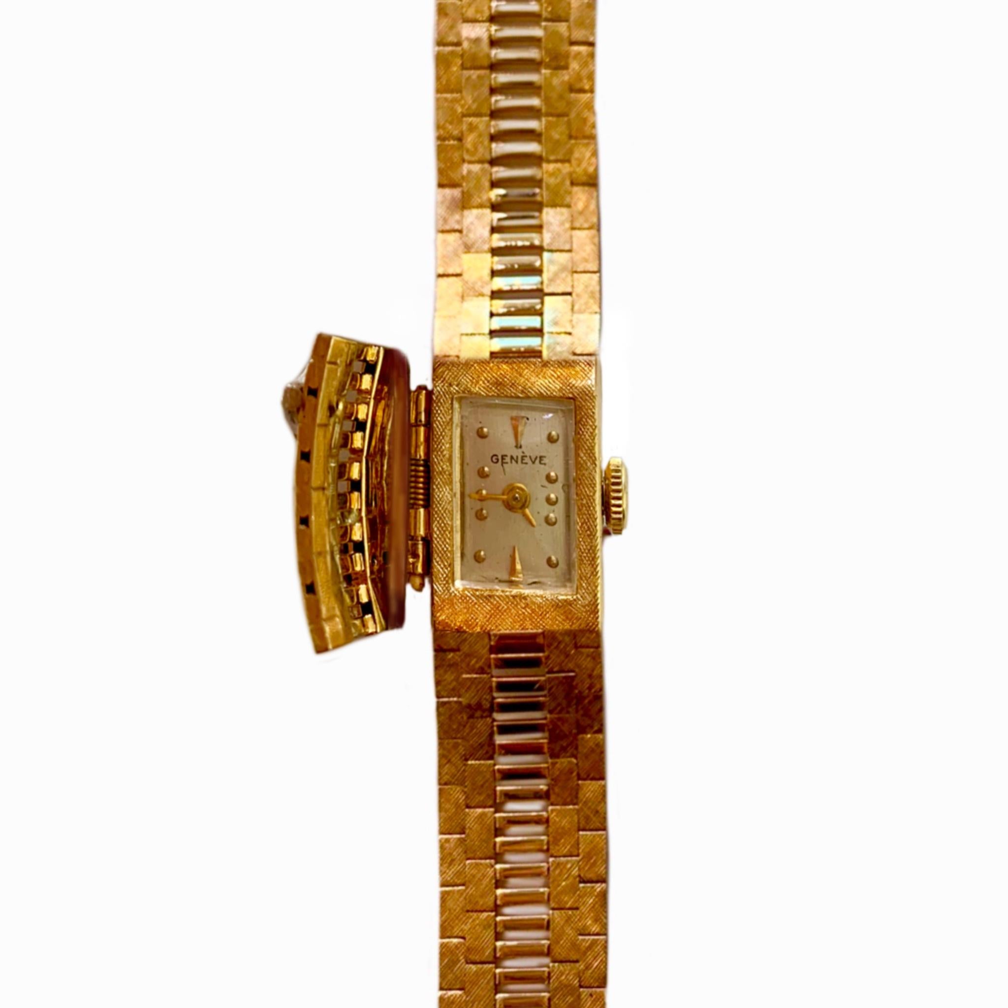 Unique 14 karat yellow gold Geneve watch with 17 jewel Swiss manual wind movement. It is set with 4 single cut diamonds with a total weight of approximately 0.08 carats. The integrated bracelet is accented with a Florentine finish. The plunger clasp