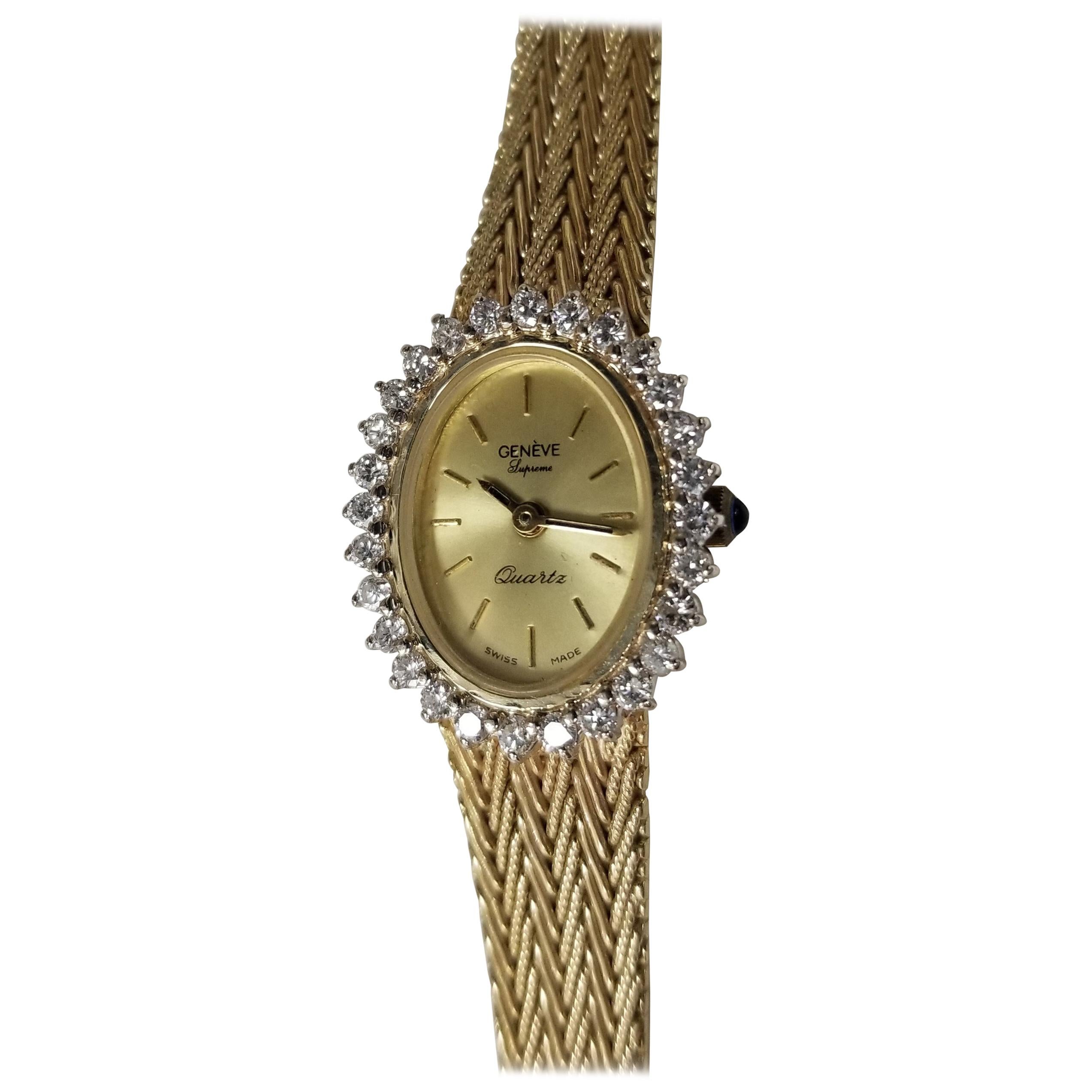 Geneve 14 Karat Yellow Gold Swiss Diamond Watch with Mesh Band