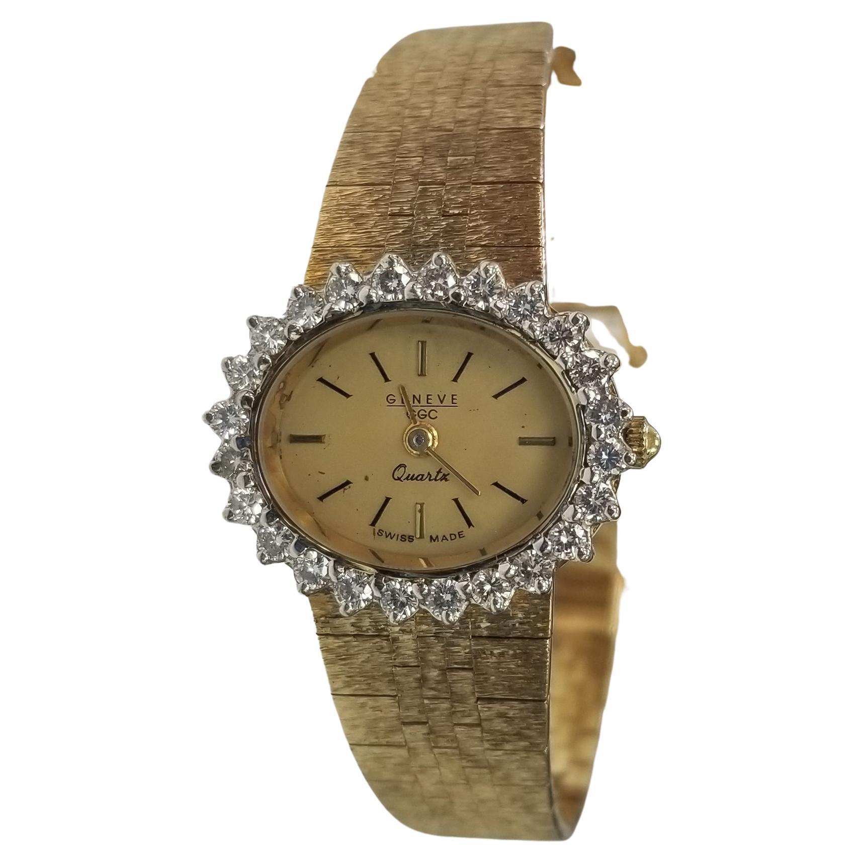 Geneve 14 Karat Yellow Gold Swiss Diamond Watch with Mesh Band For Sale