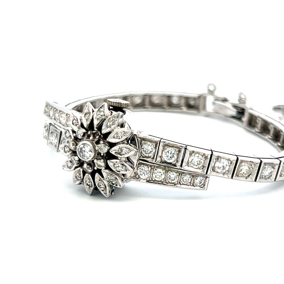 Geneve 3,60 Karat kreisförmiger Brillant Diamant 14K Weißgold Armbanduhr im Angebot 6