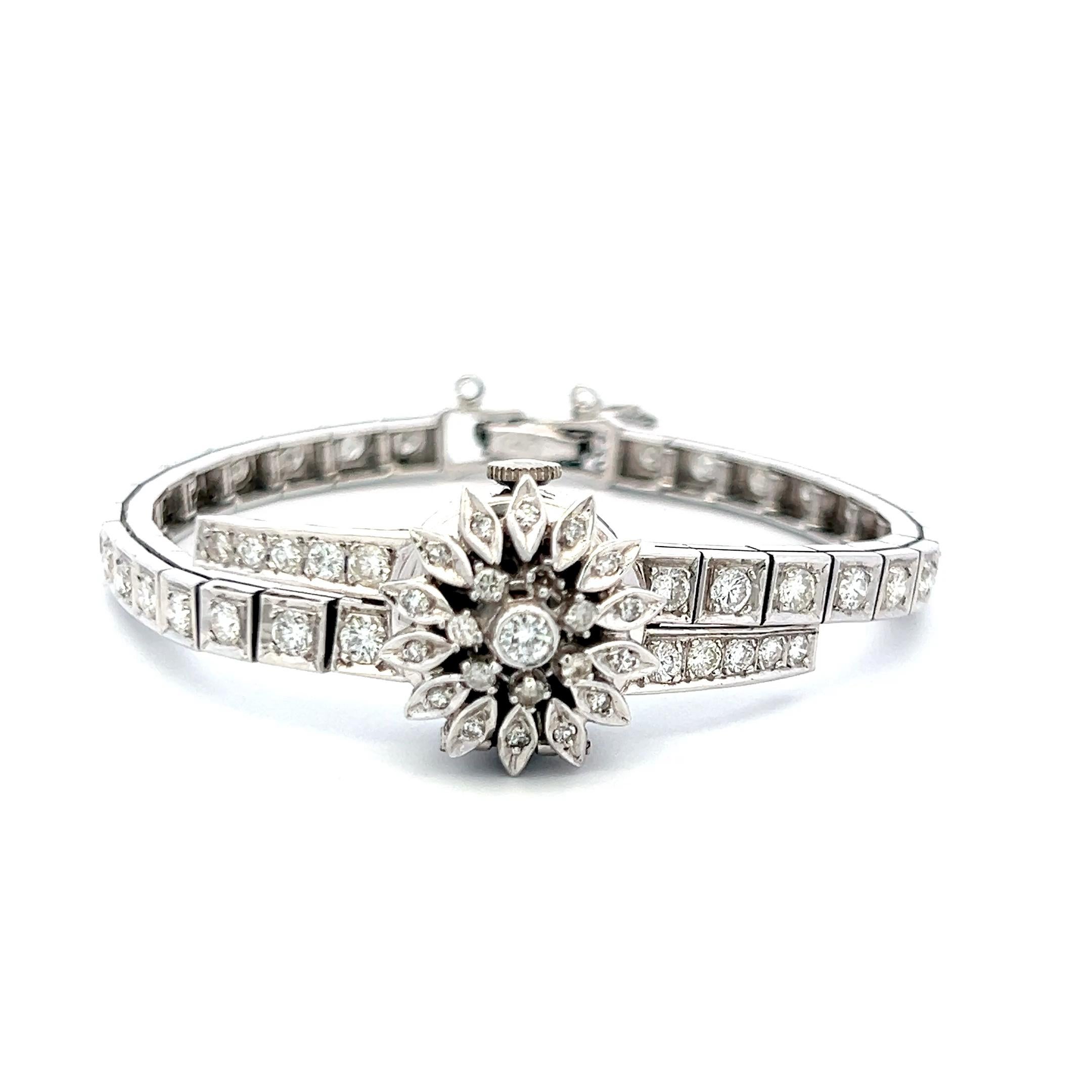 Geneve 3,60 Karat kreisförmiger Brillant Diamant 14K Weißgold Armbanduhr im Angebot 4