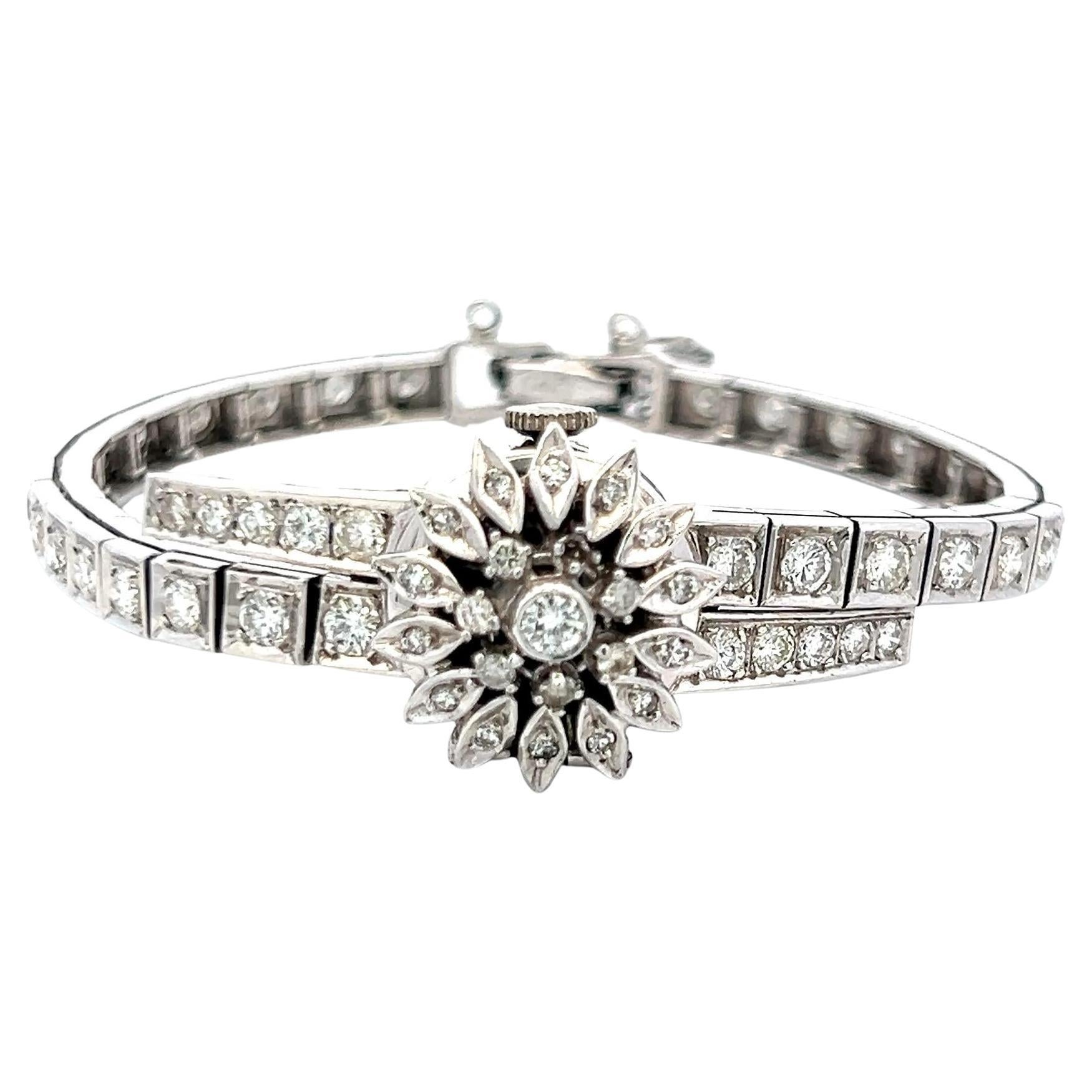 Geneve 3,60 Karat kreisförmiger Brillant Diamant 14K Weißgold Armbanduhr im Angebot