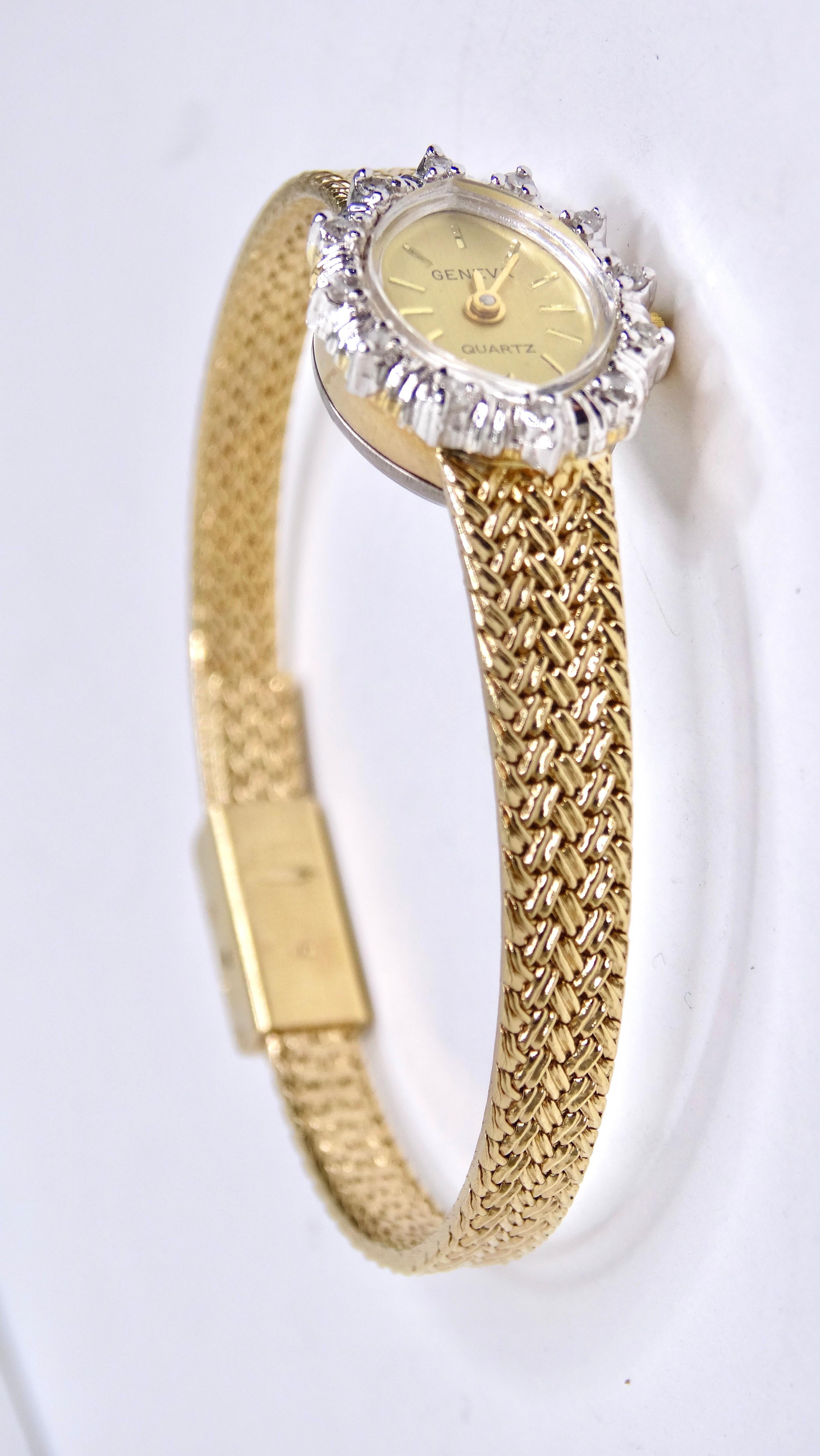 This is an original, authentic Geneve quartz 14K yellow gold watch - Ladies model with an approximate 1.50 carats of total diamond weight! This is a luxury Swiss watch with a quartz movement! This watch has the original face, a beautiful