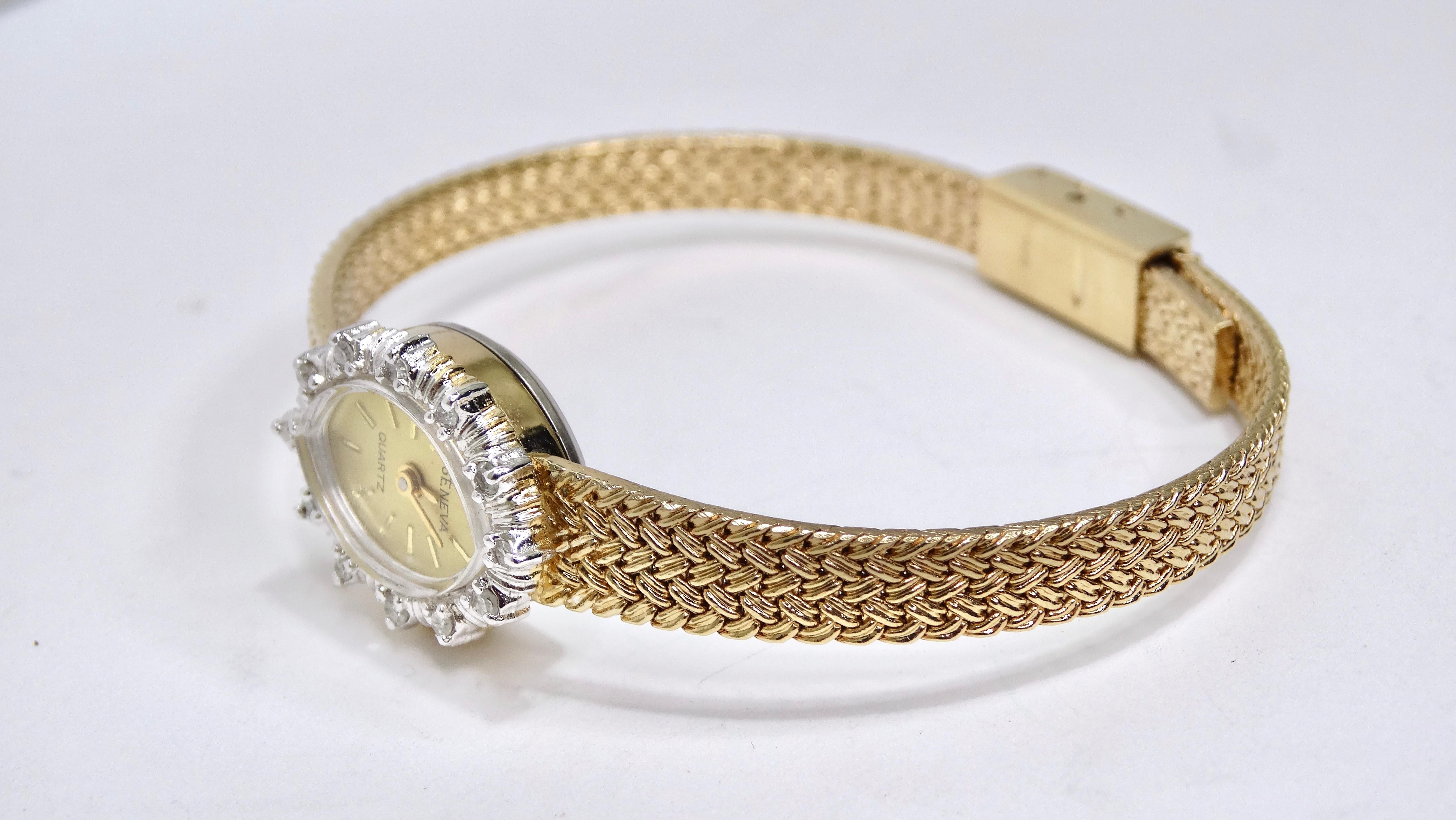 Round Cut Geneve Diamond 14k Gold Bracelet Wrist Watch