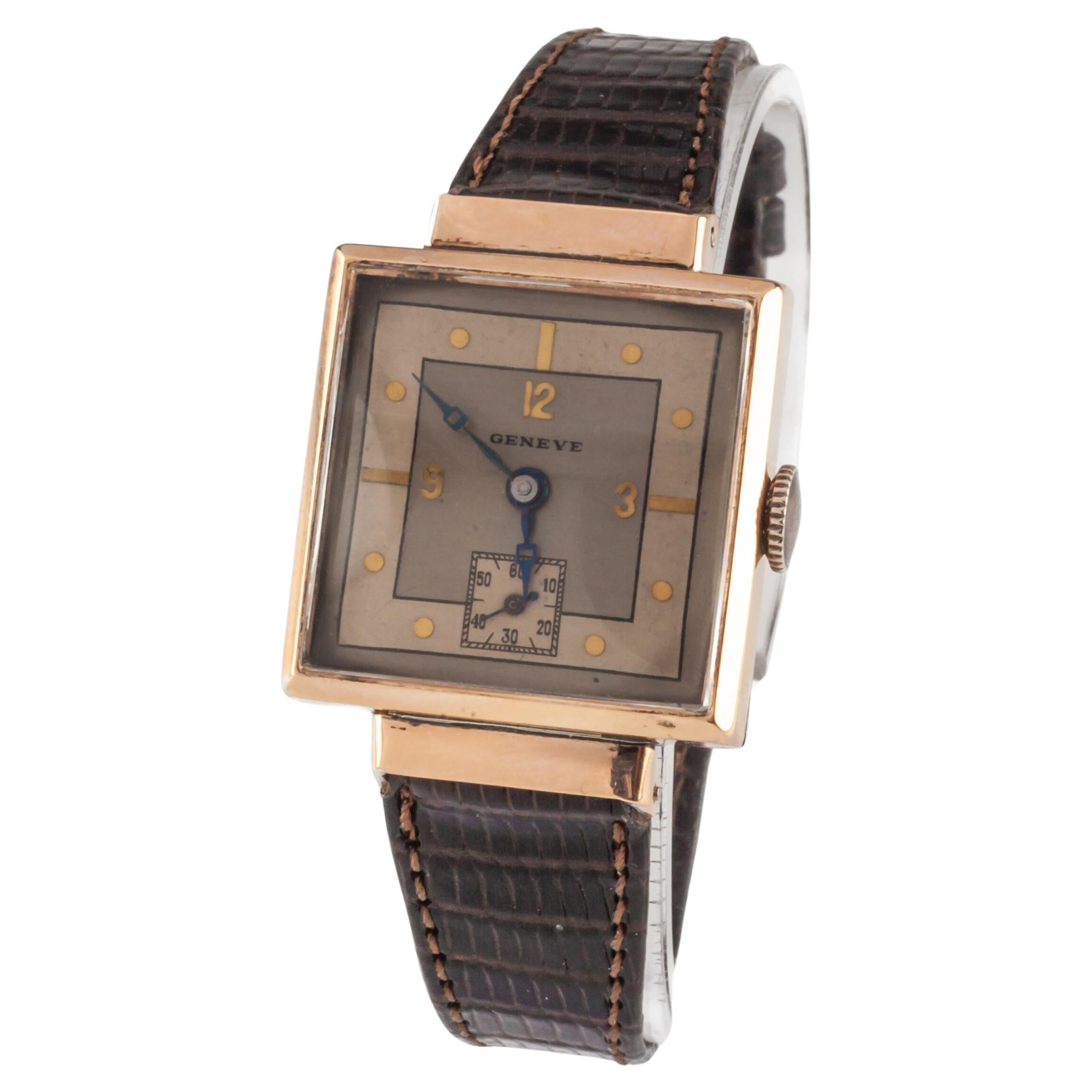 Geneve Men's Art Deco Rose Gold Filled Hand-Winding Watch w/ Leather Band For Sale
