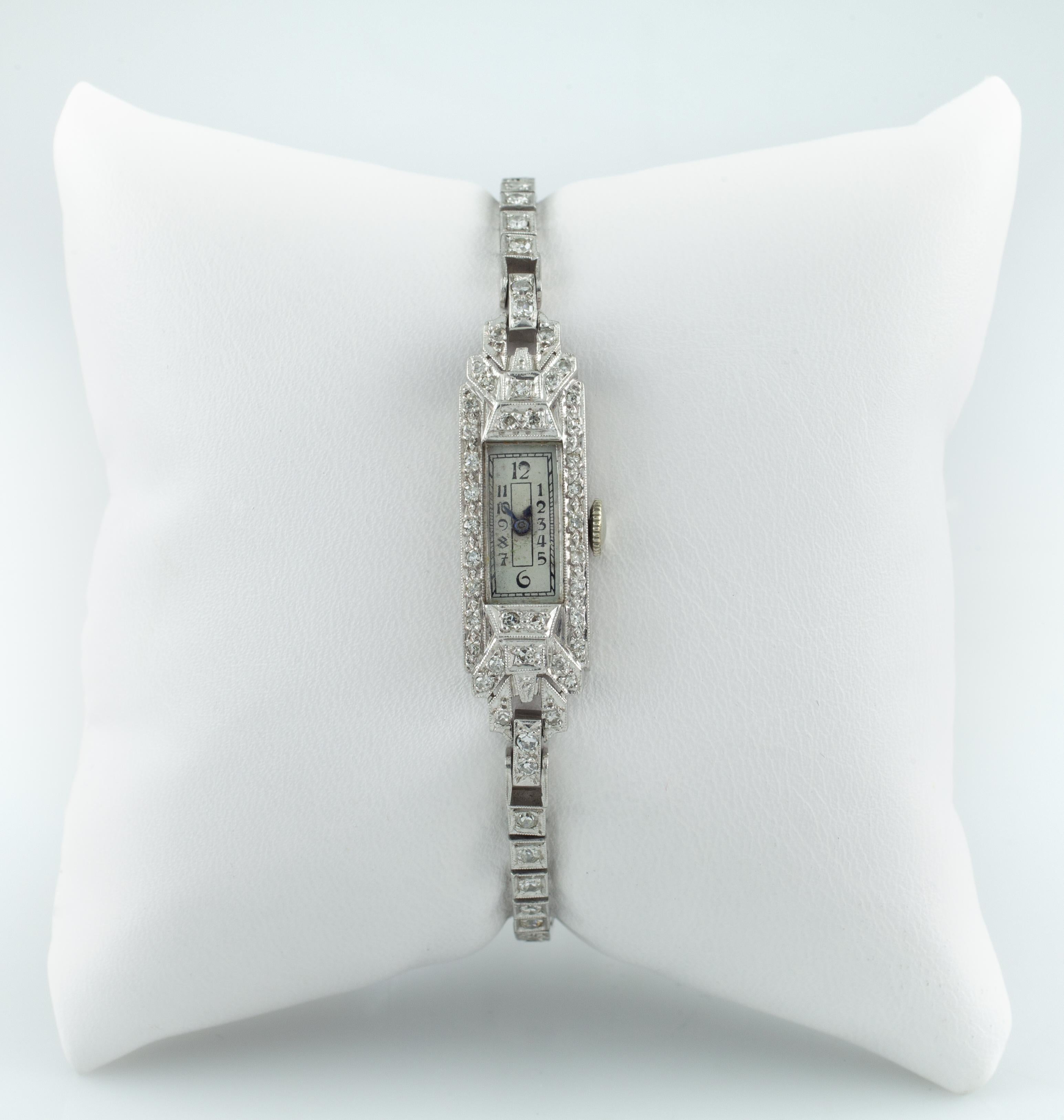 Art Deco Geneve Platinum Diamond Women's Hand-Winding Watch w/ Milgrain Detailing For Sale