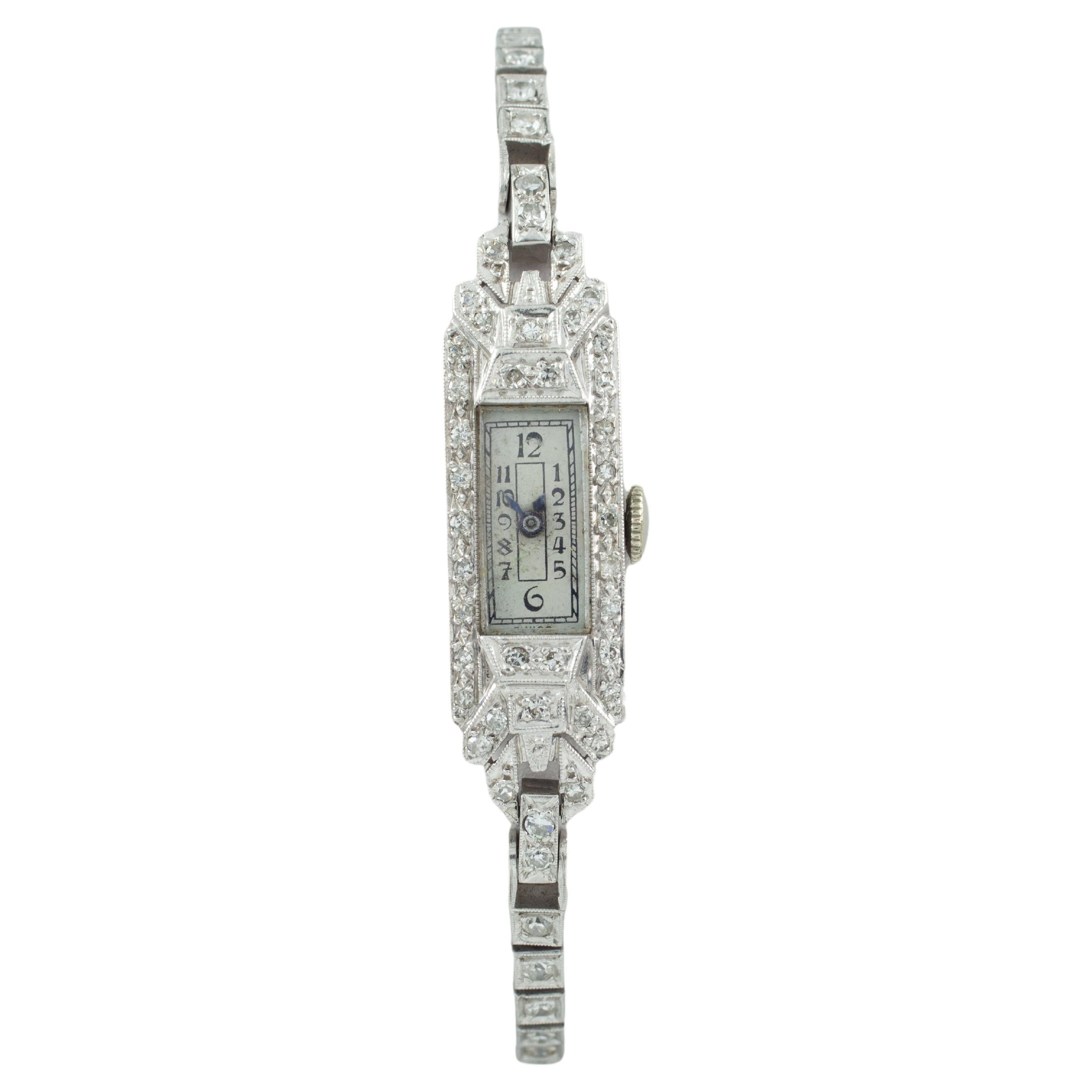 Geneve Platinum Diamond Women's Hand-Winding Watch w/ Milgrain Detailing For Sale