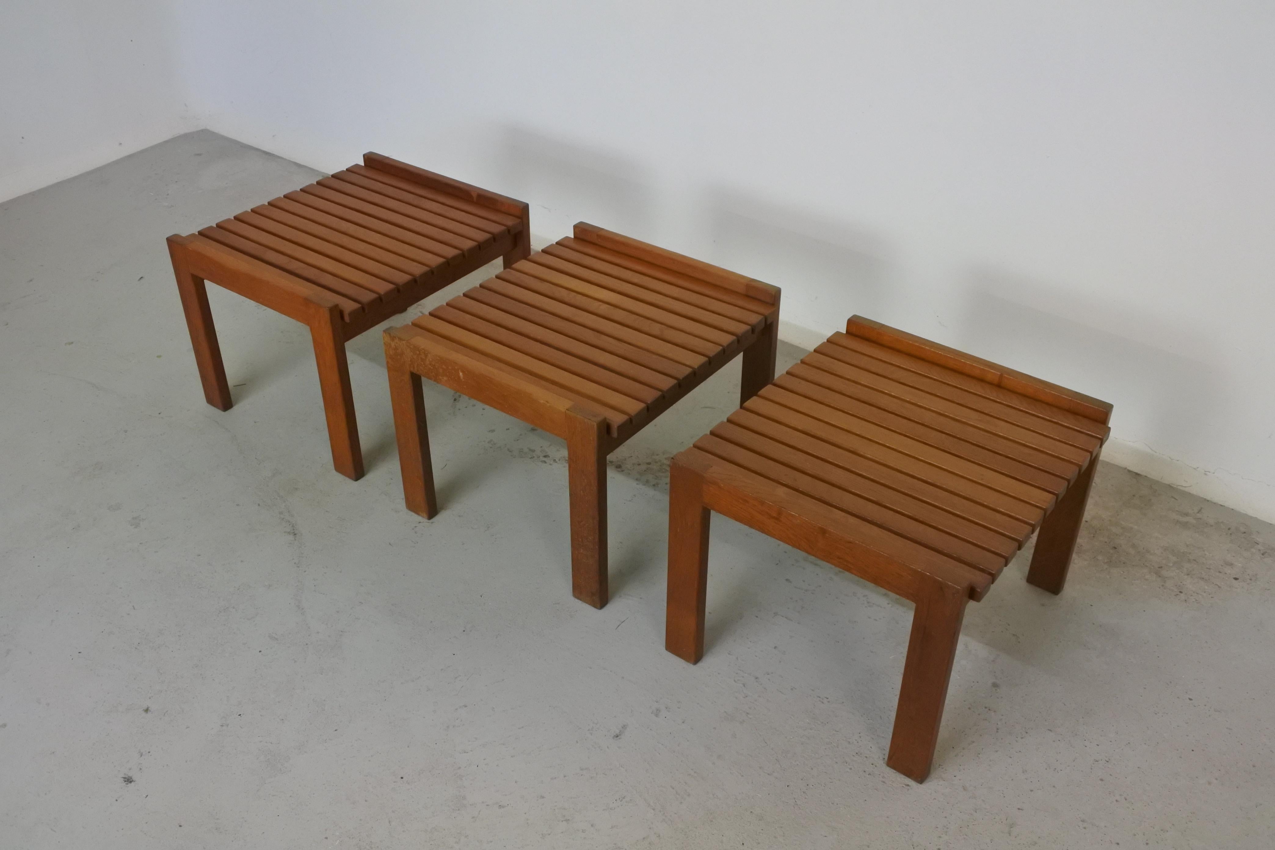 Mid-Century Modern Geneviève Dangles Set of Three Side Tables or Stools in Solid Oak, France 1955