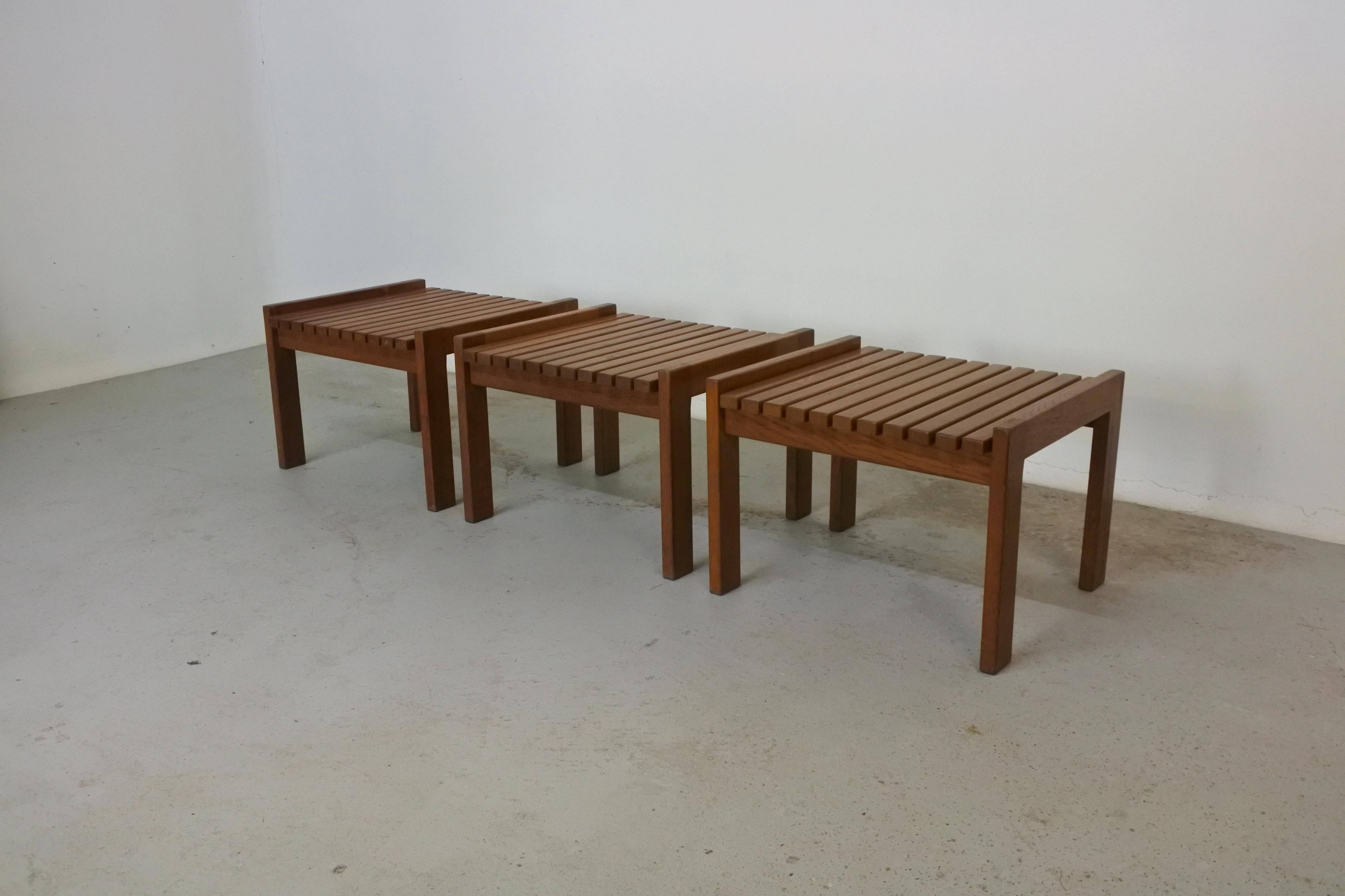 Mid-20th Century Geneviève Dangles Set of Three Side Tables or Stools in Solid Oak, France 1955