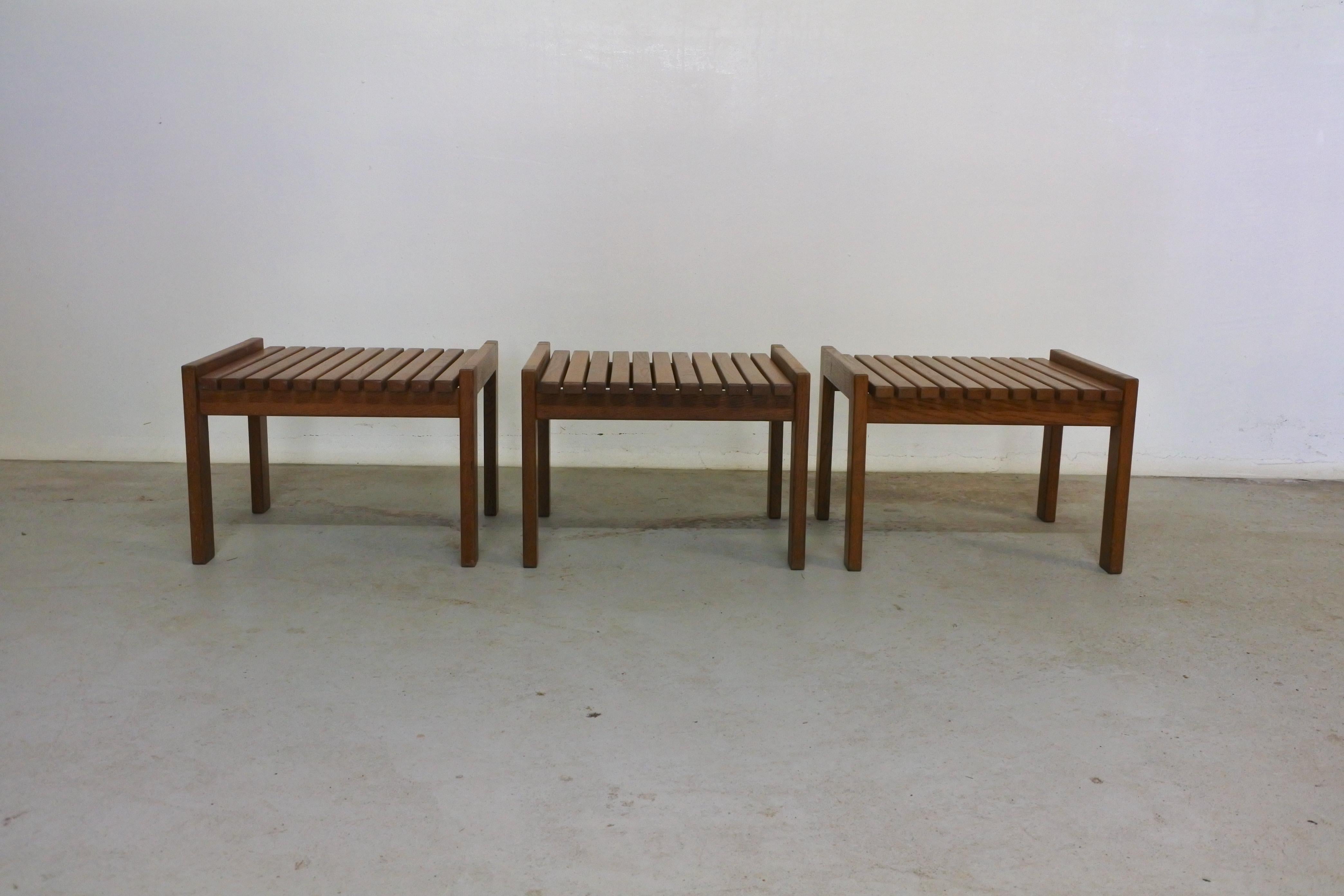 Geneviève Dangles Set of Three Side Tables or Stools in Solid Oak, France 1955 1