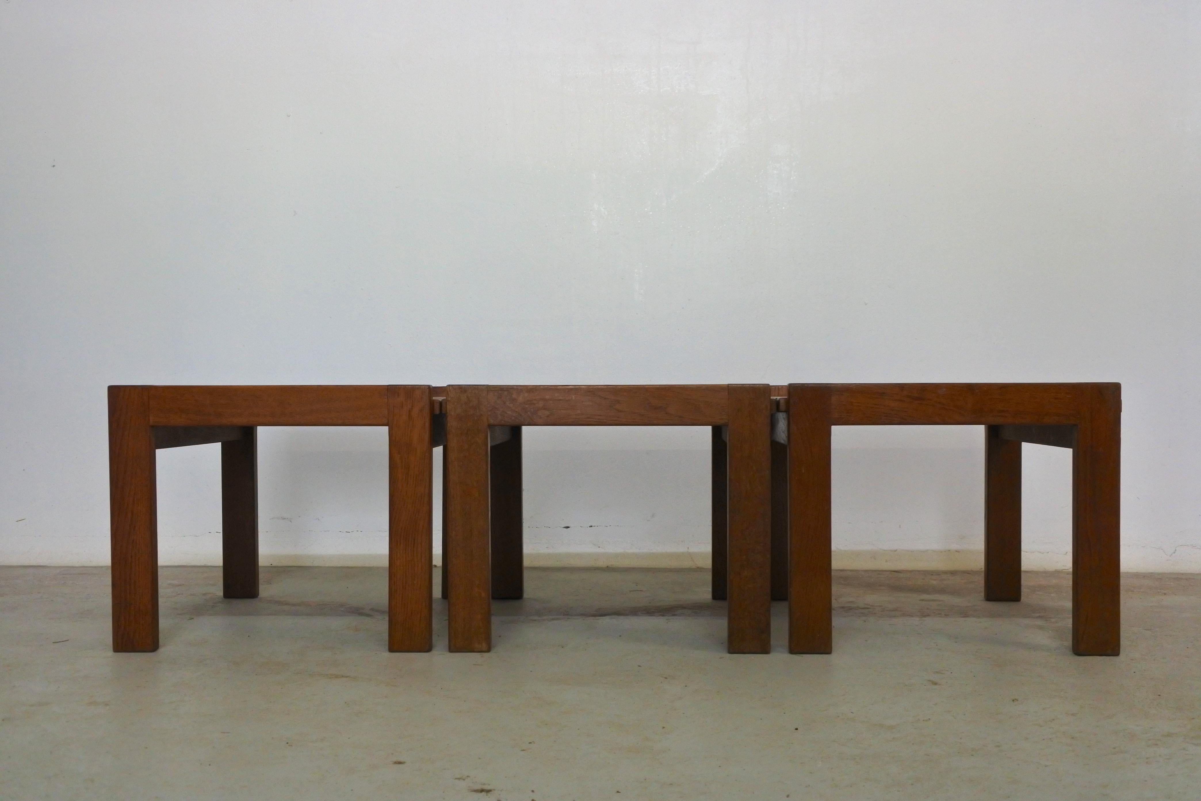 Geneviève Dangles Set of Three Side Tables or Stools in Solid Oak, France 1955 2