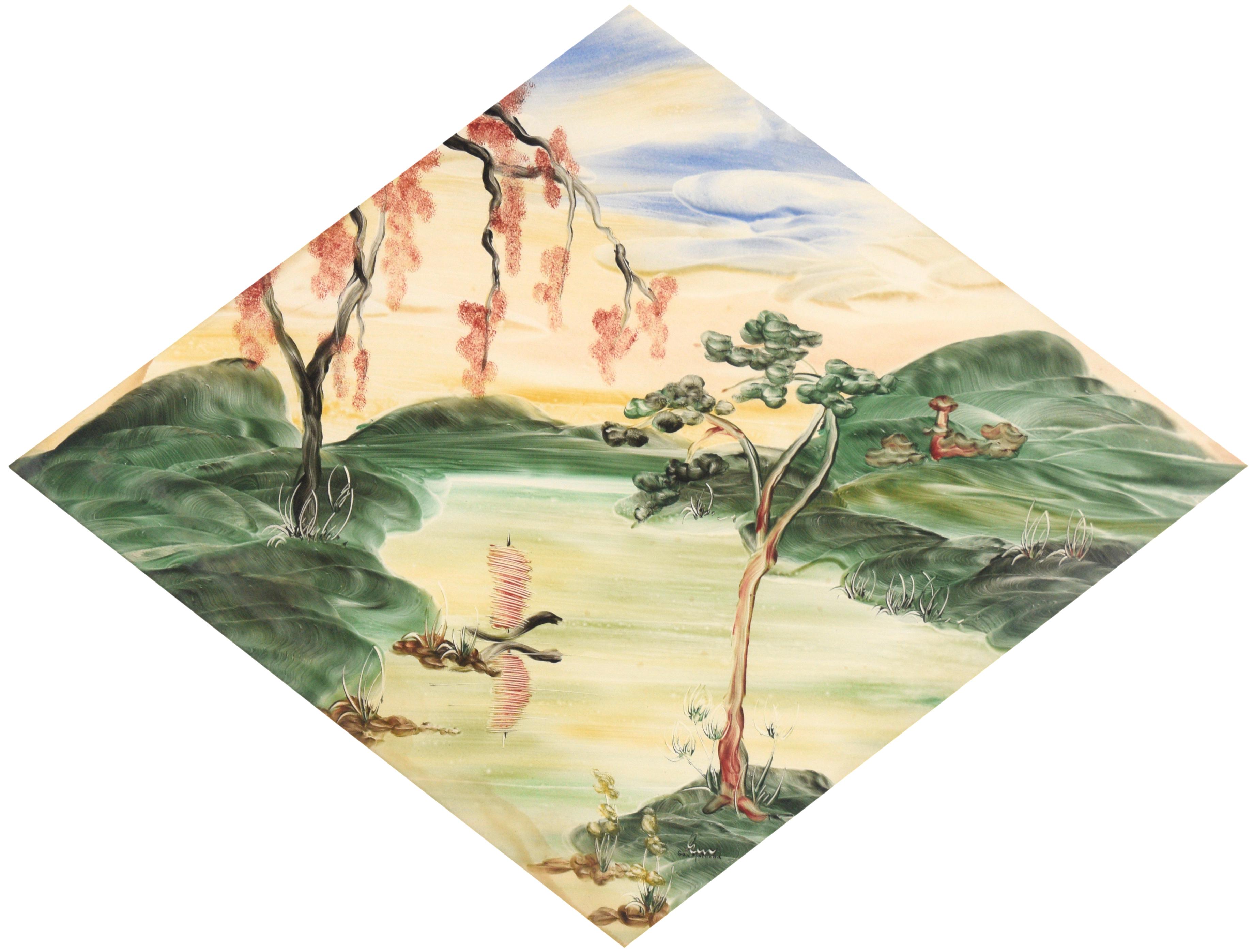 Paisaje de mediados de siglo pintado a mano en acrílico, con marco en forma de diamante - Painting de Genevieve 