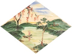Mid Century Fingerpainted Landscape in Acrylic, in Diamond-Shaped Frame