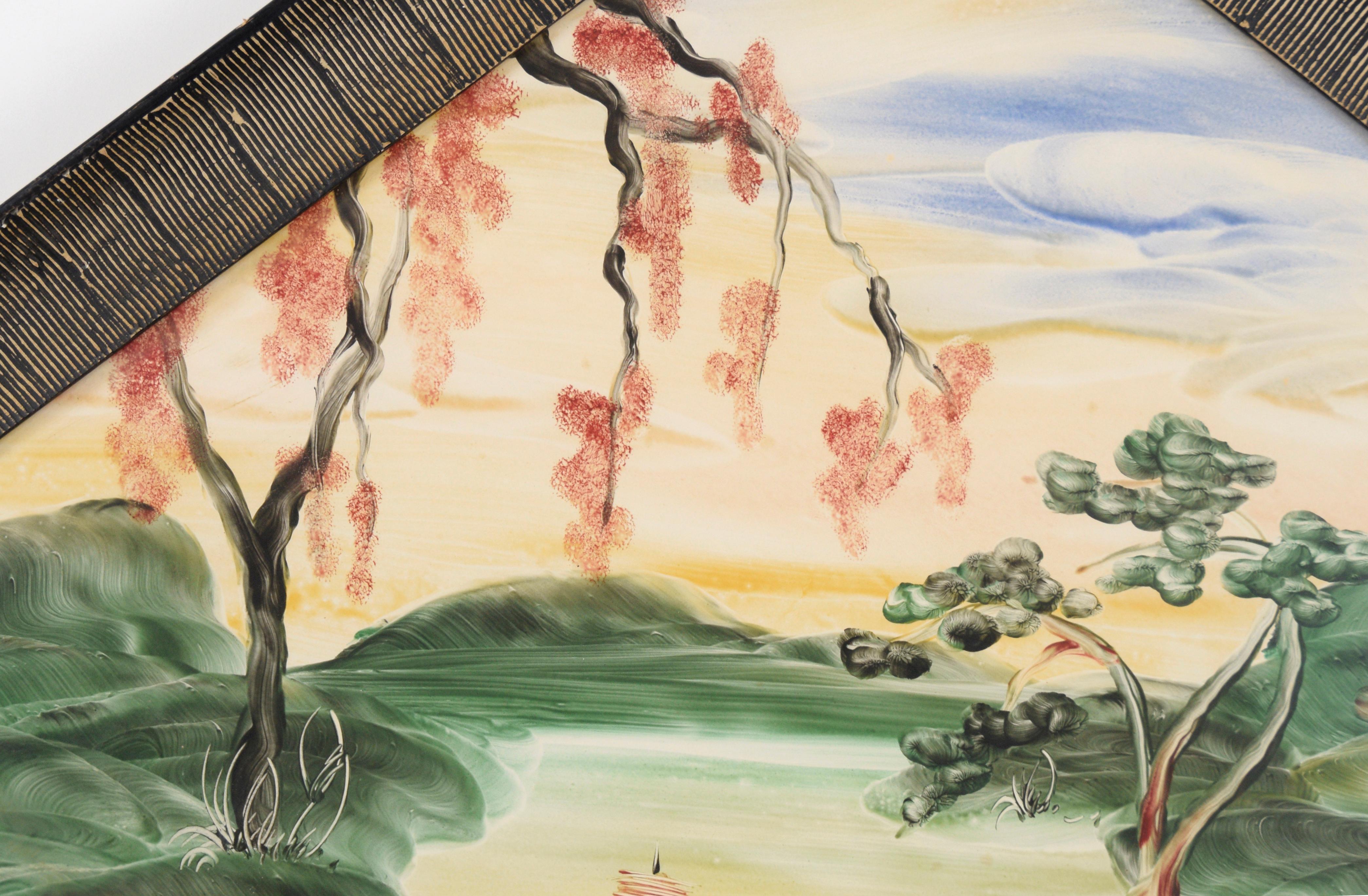 Paisaje de mediados de siglo pintado a mano en acrílico, con marco en forma de diamante - Painting Moderno de Genevieve 