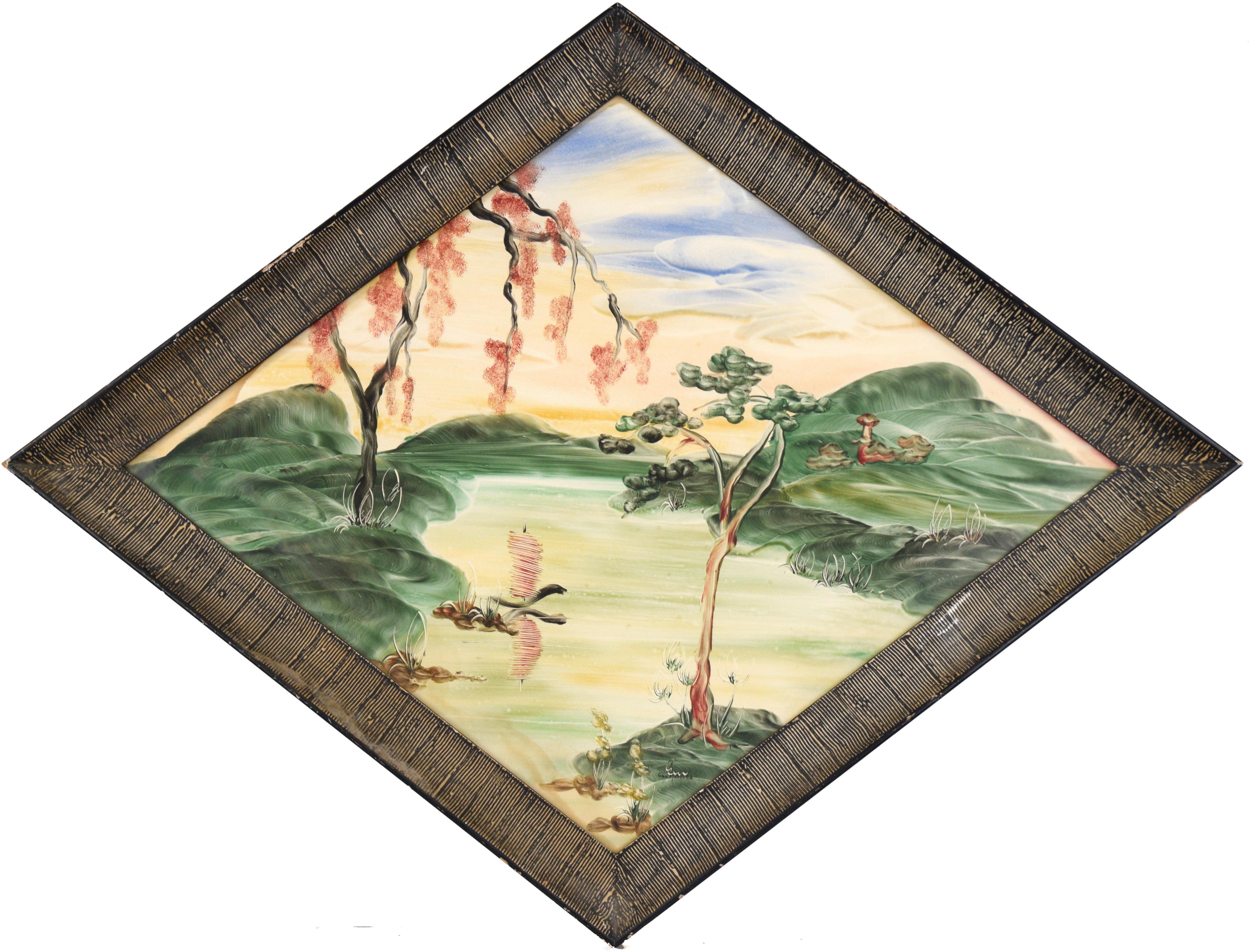 Mid Century Fingerpainted Landscape in Acrylic, in Diamond-Shaped Frame