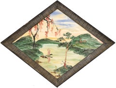 Paysage peint à la main au milieu du siècle dernier en acrylique, dans un cadre en forme de diamant