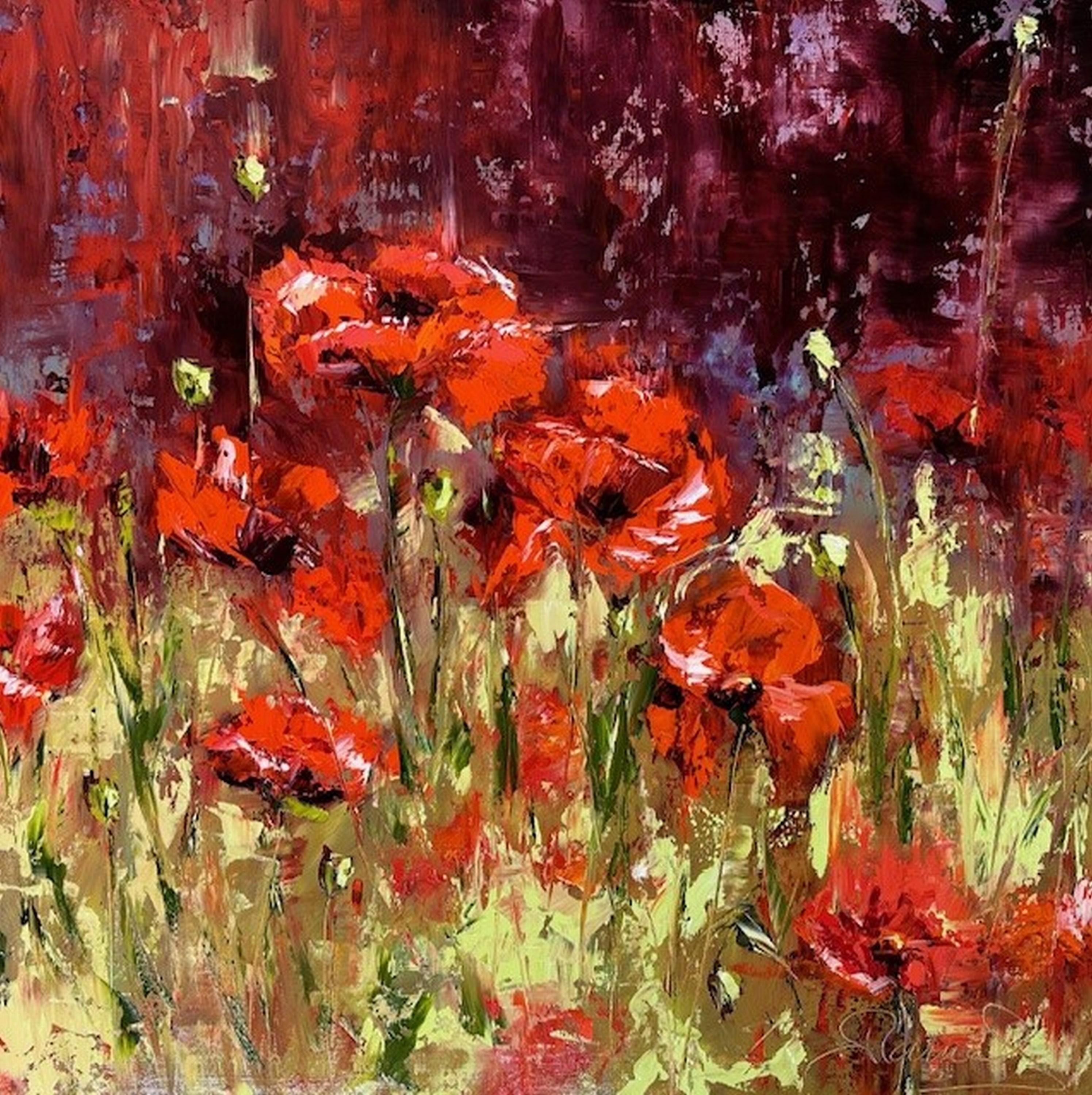 Beauty in Red (peinture d'un clou, empâtement, impressionnisme, coloré, pastel, chaud) - Painting de Genevieve Hamel