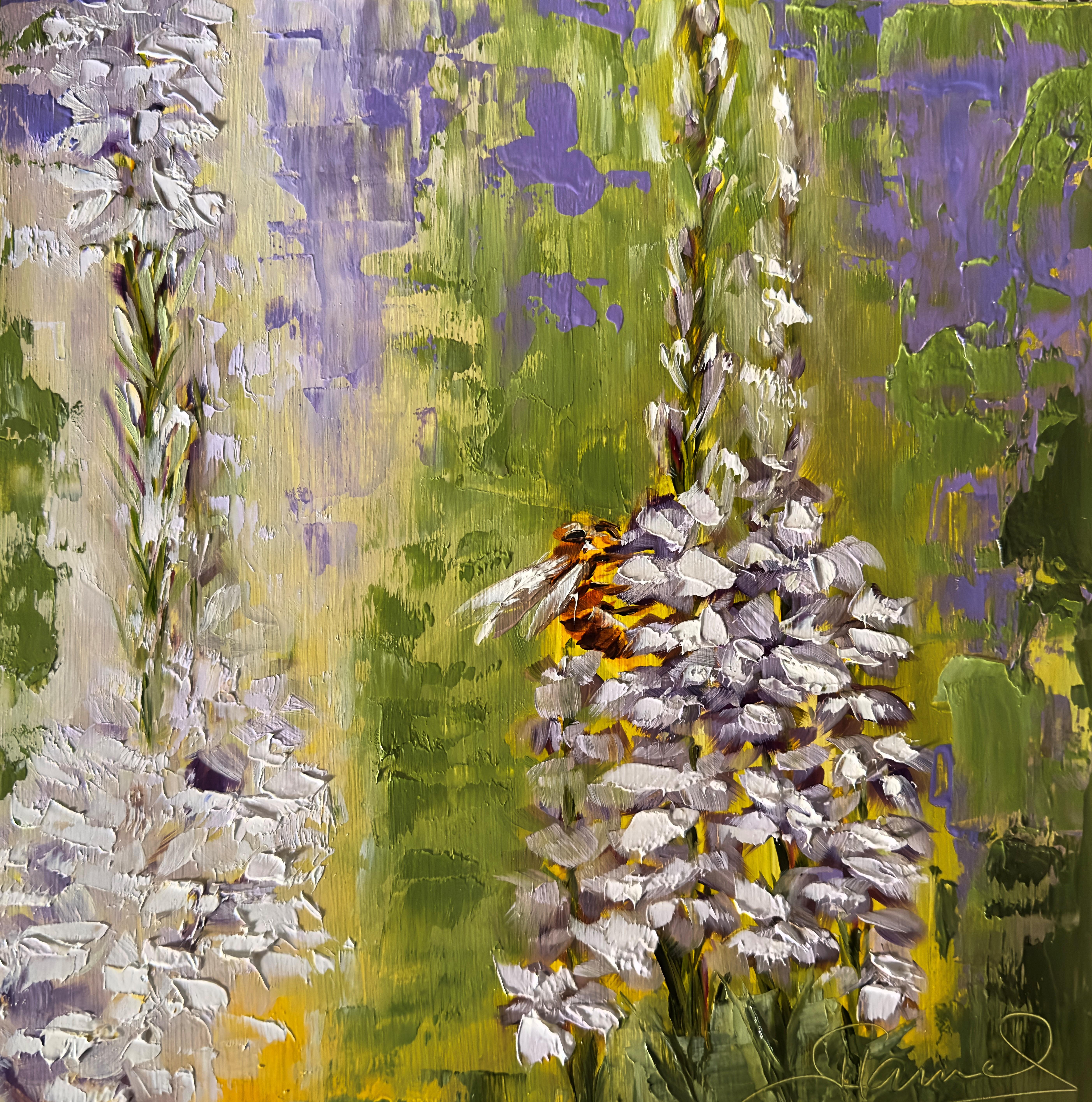 Biz Biz Bees (Oil Painting, Impasto, Impressionism, Colorful, Pastel, Warm)