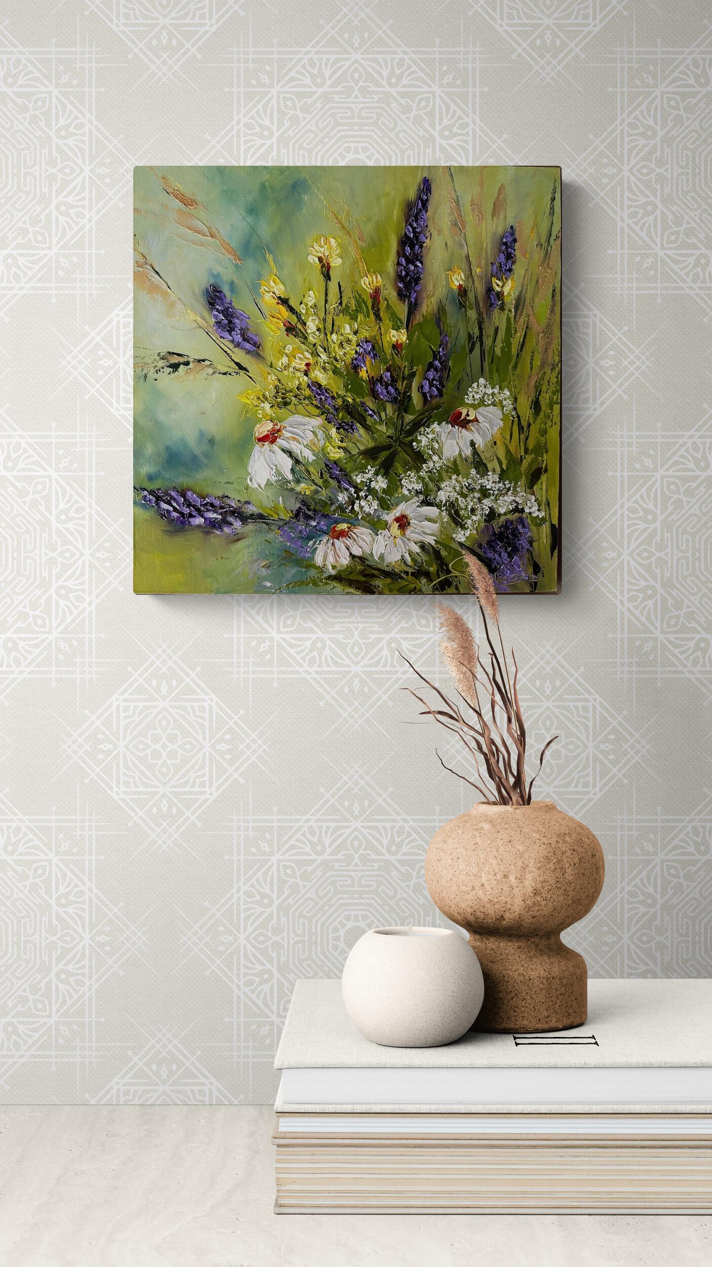 Blumenstrauß (Ölgemälde, Impasto, Impressionismus, farbenfroh, Pastell, WARM) – Painting von Genevieve Hamel