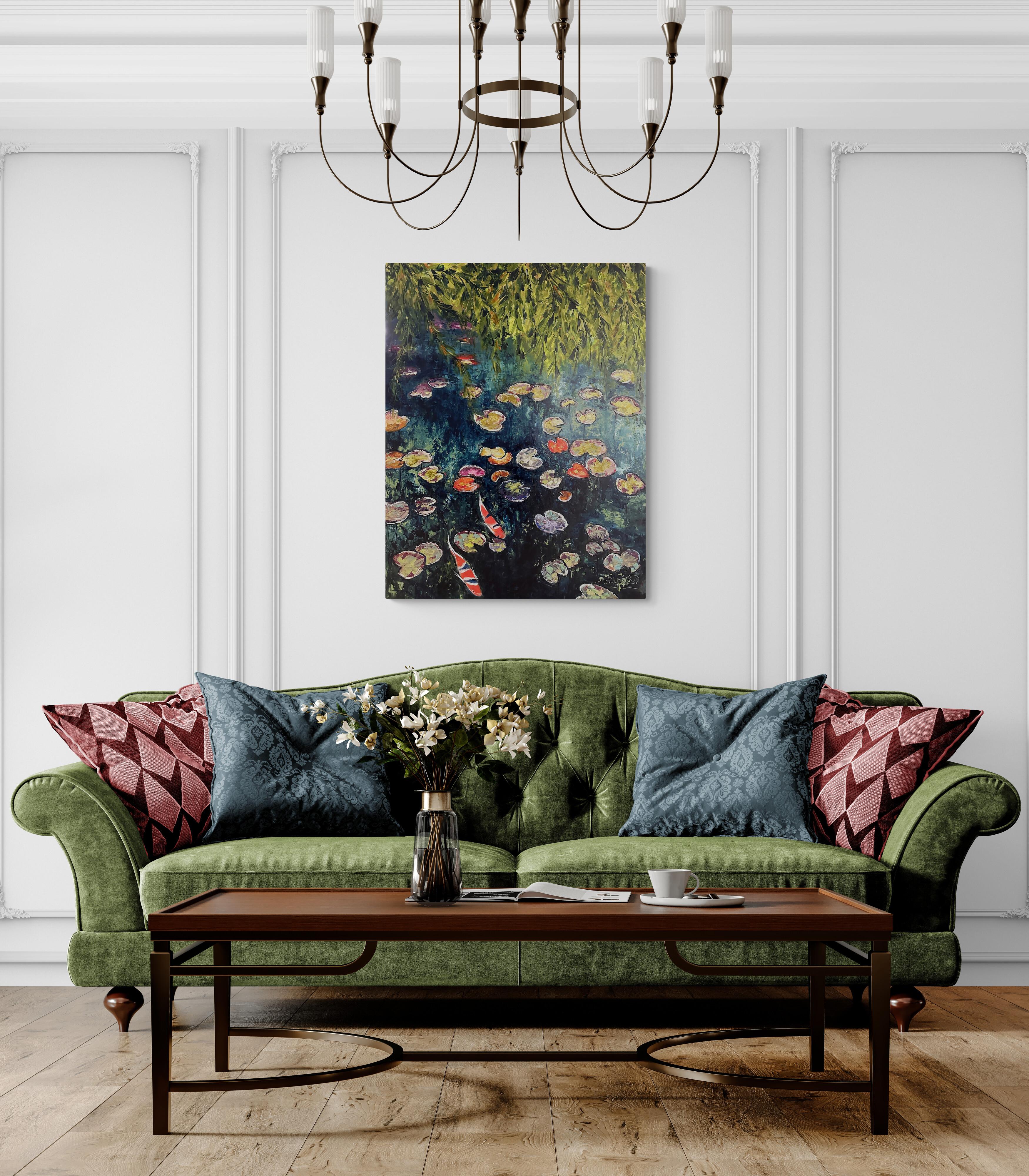 Genevieve Hamel
Deep Water
Oil on Wood Panel
Year: 2024
Size: 40 x 30 x 1.625 inches
Signed by hand
COA provided
Ref.: 924802-2088

Somewhere in the bottom of this pond, swim beautiful koi fishes. Their bright colors are almost getting in complement