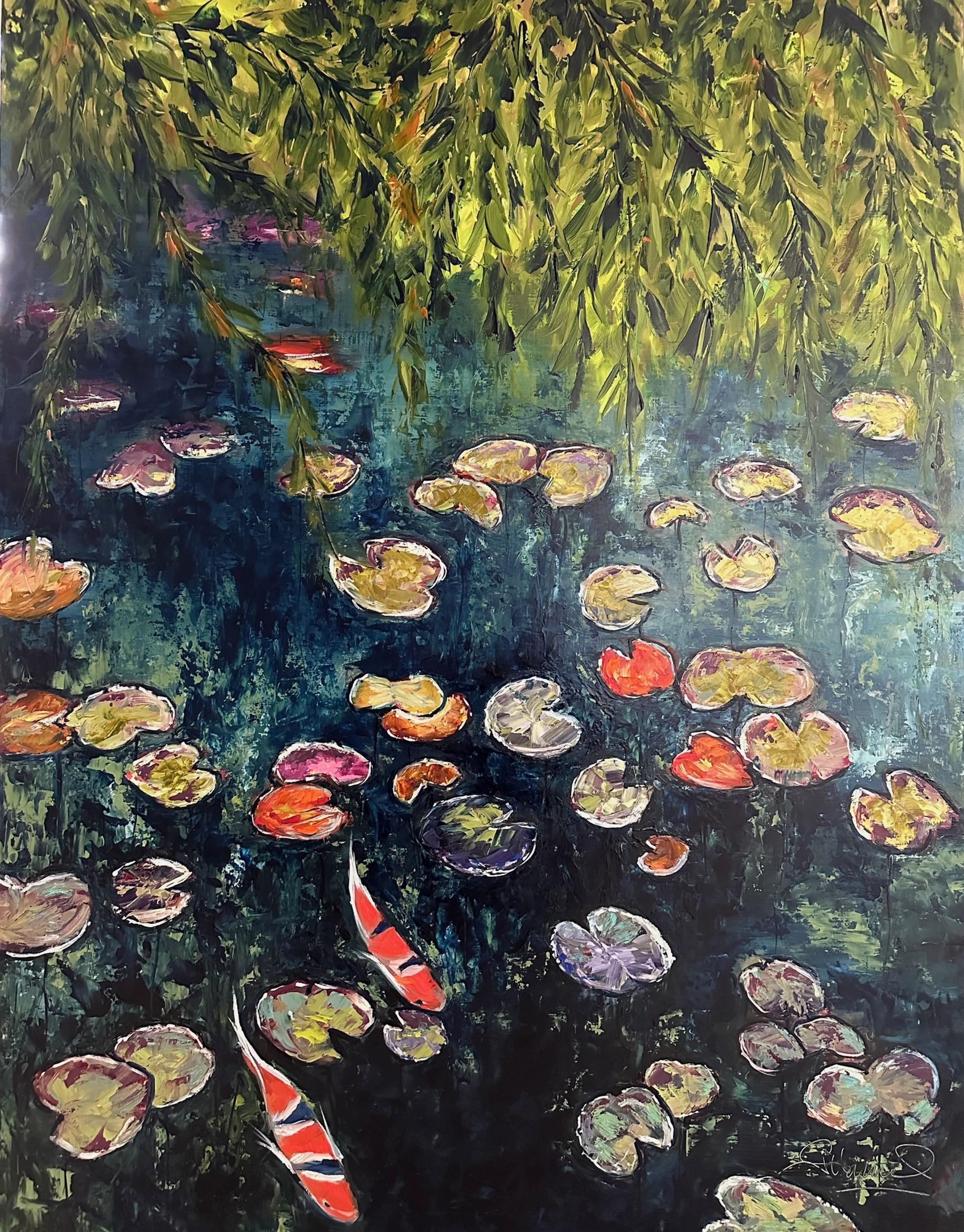 Deep Water (Ölgemälde, Impasto, Impressionismus, farbenfrohes, pastellfarbenes, Koi-Fisch) – Painting von Genevieve Hamel