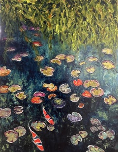 Deep Water (Ölgemälde, Impasto, Impressionismus, farbenfrohes, pastellfarbenes, Koi-Fisch)