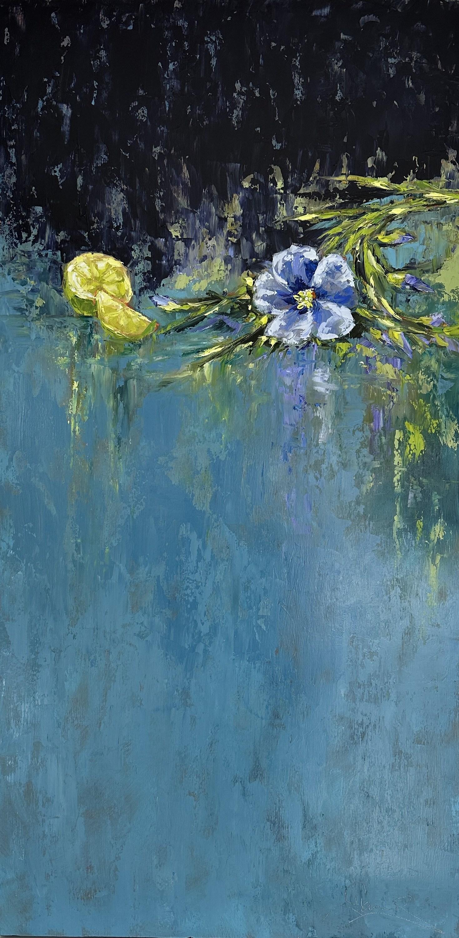 Genevieve Hamel Still-Life Painting - Juicy Limes (Oil Painting, Impasto, Impressionism, Colorful, Pastel, Blue, Soft)