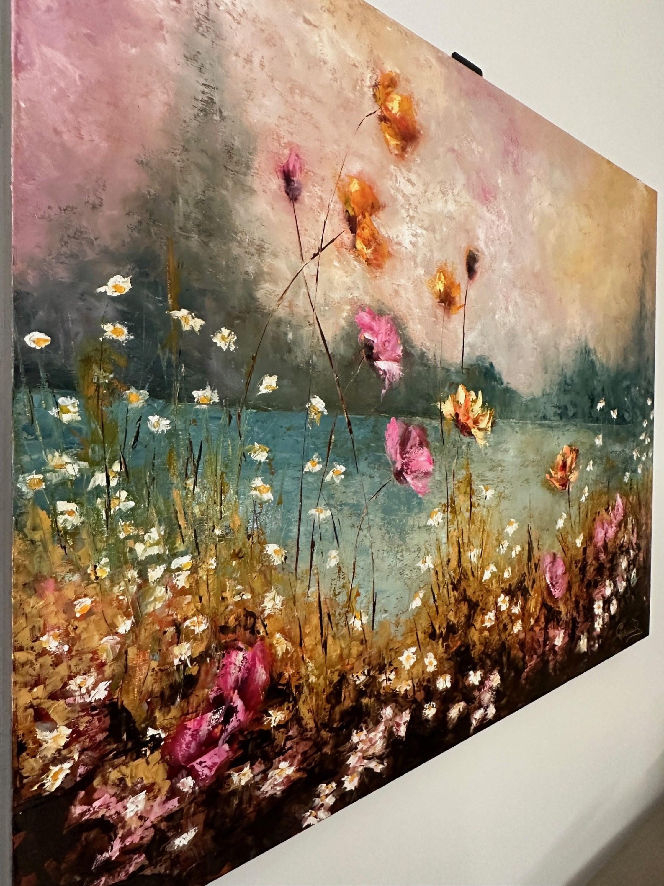 Mística (Pintura al óleo, Impasto, Impresionismo, Colorido, Pastel, Resplandor, Cálido) - Landscape Painting Marrón de Genevieve Hamel