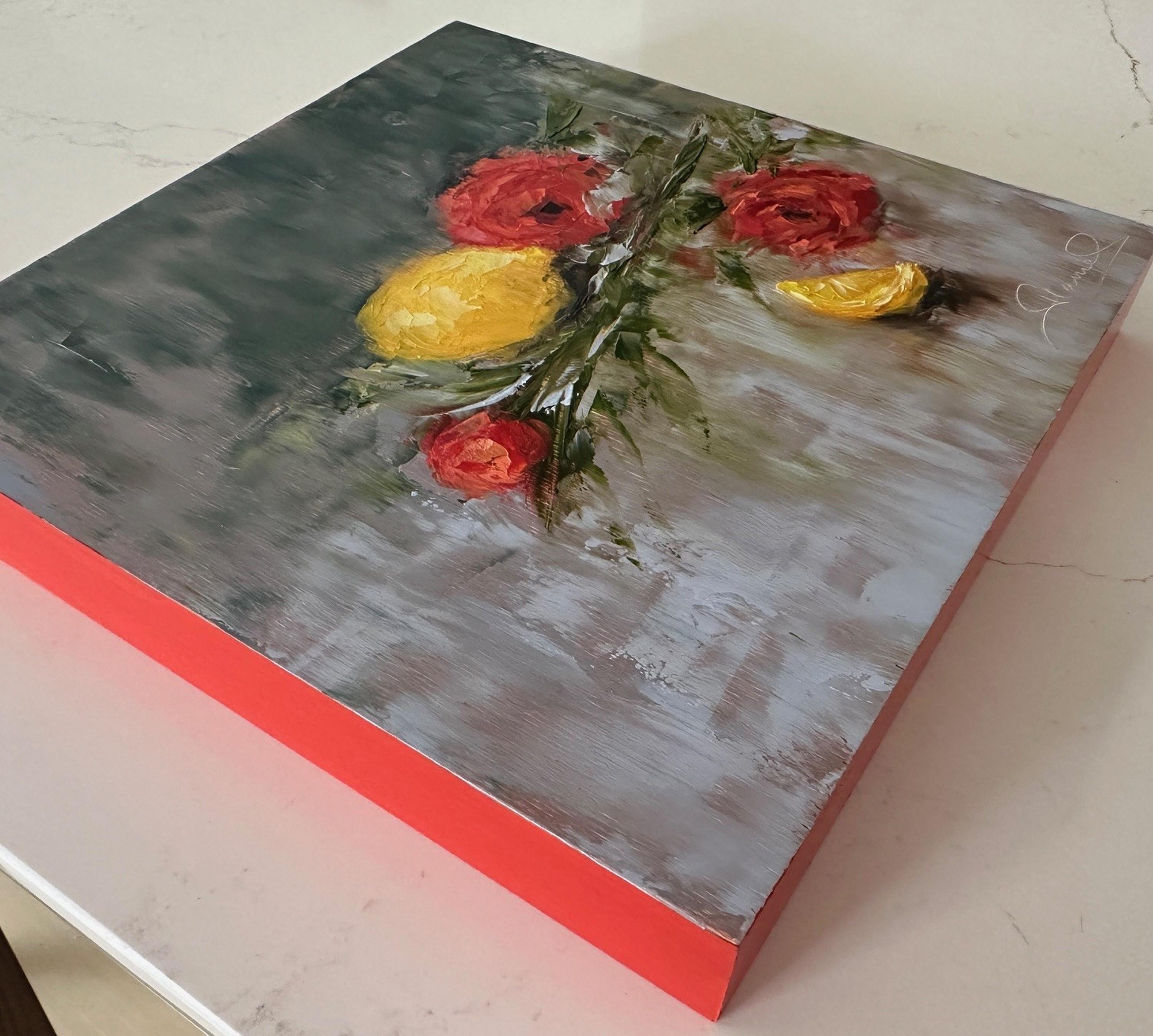 Perfect Match (Ölgemälde, Impasto, Impressionismus, farbenfroh, lebhaft, Zitronen) (Grau), Landscape Painting, von Genevieve Hamel