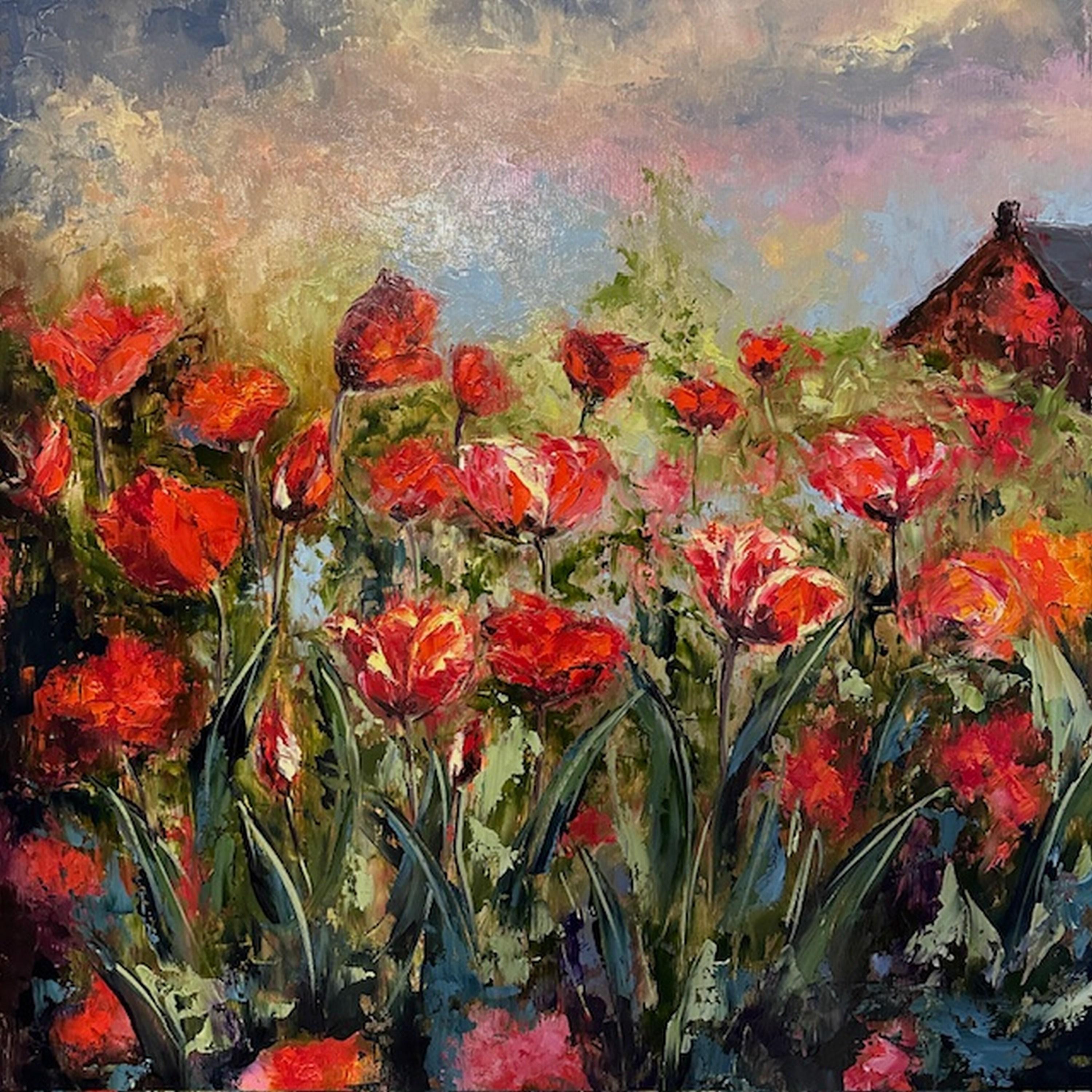 Rote Scheune (Ölgemälde, Impasto, Impressionismus, farbenfroh, Pastell, WARM) – Painting von Genevieve Hamel
