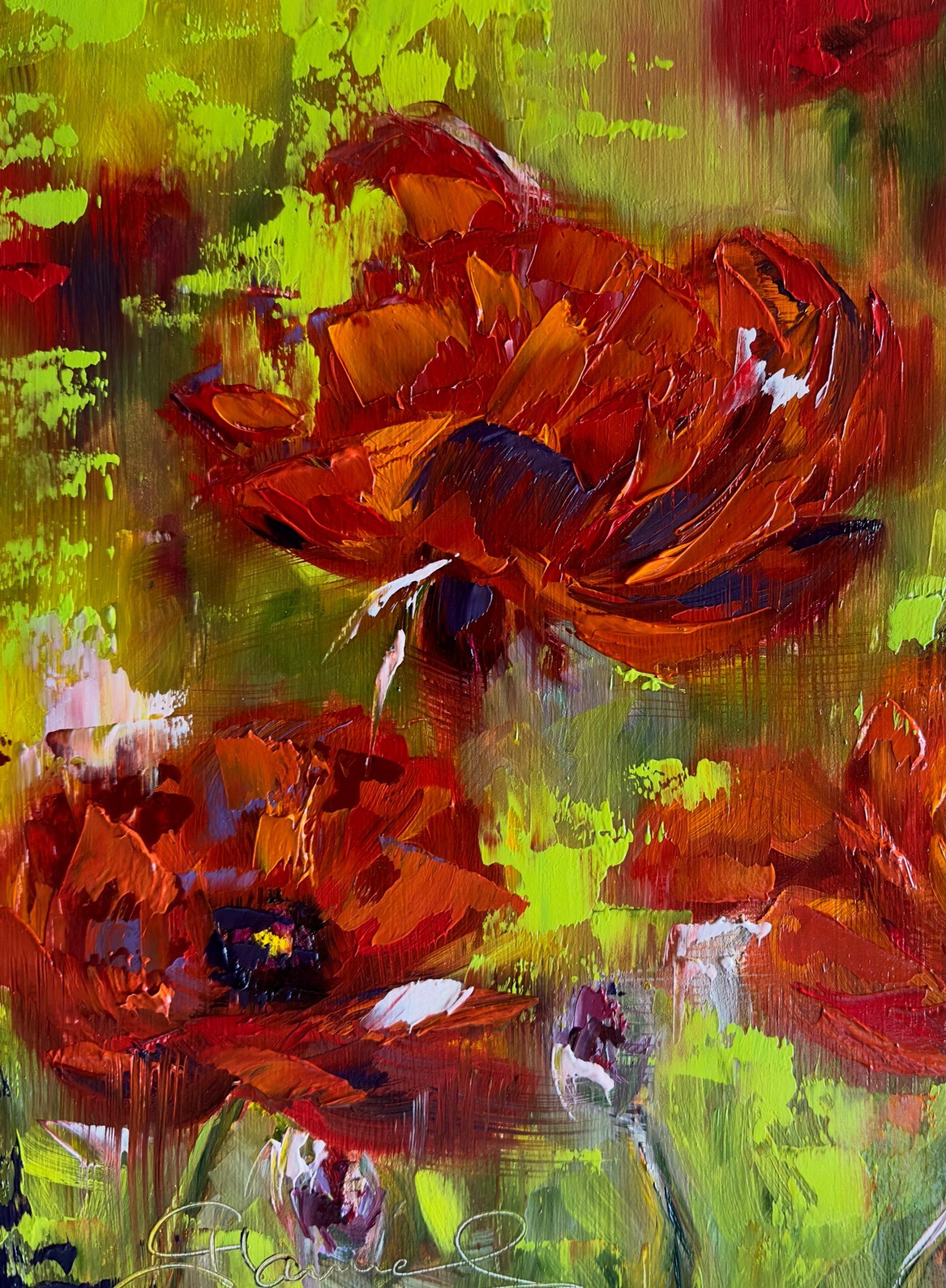 Red Poppies (Oil Painting, Impasto, Impressionism, Colorful, Flower, Positive) For Sale 6