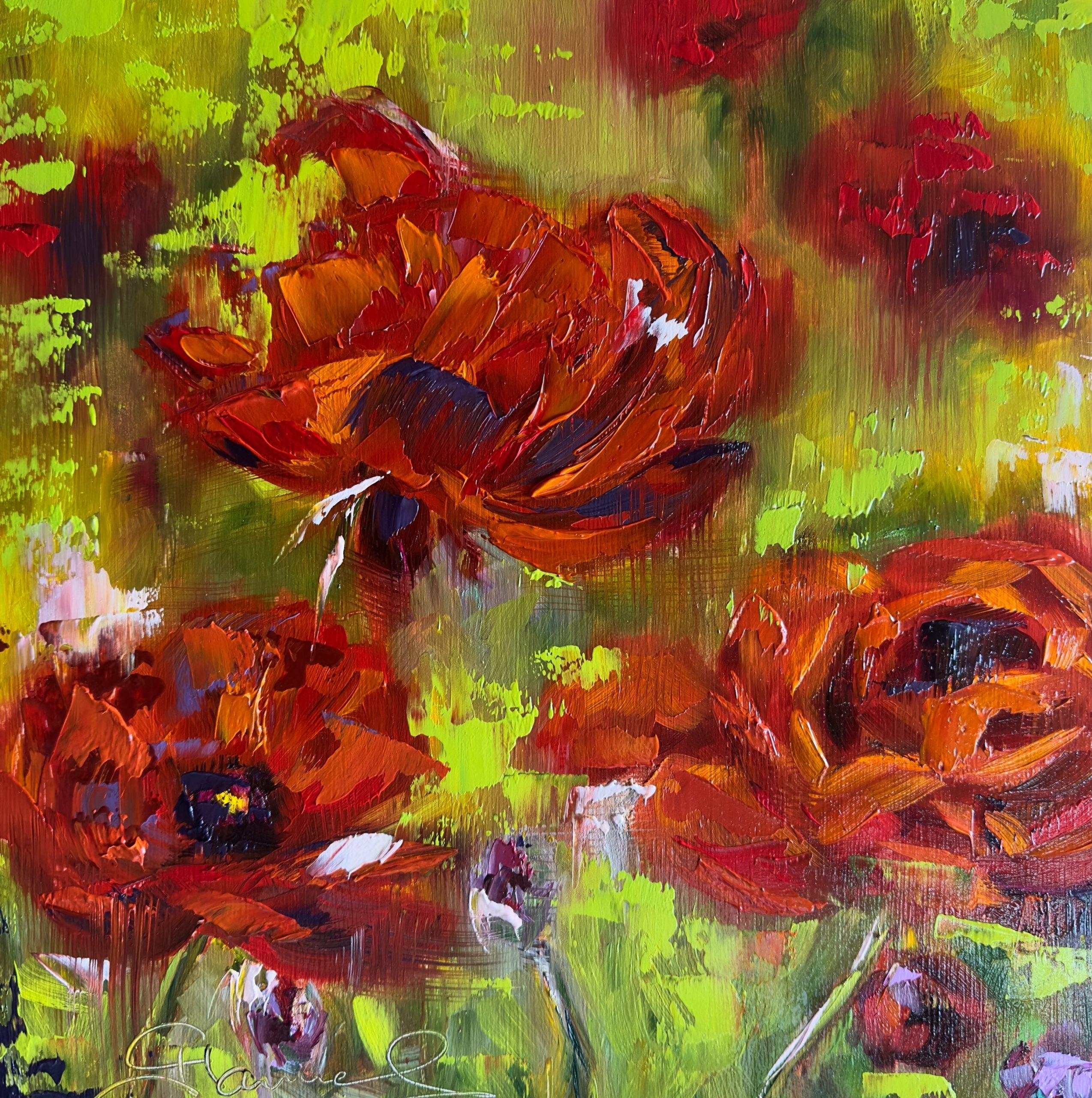 red poppy painting in acrylic on canvas panel