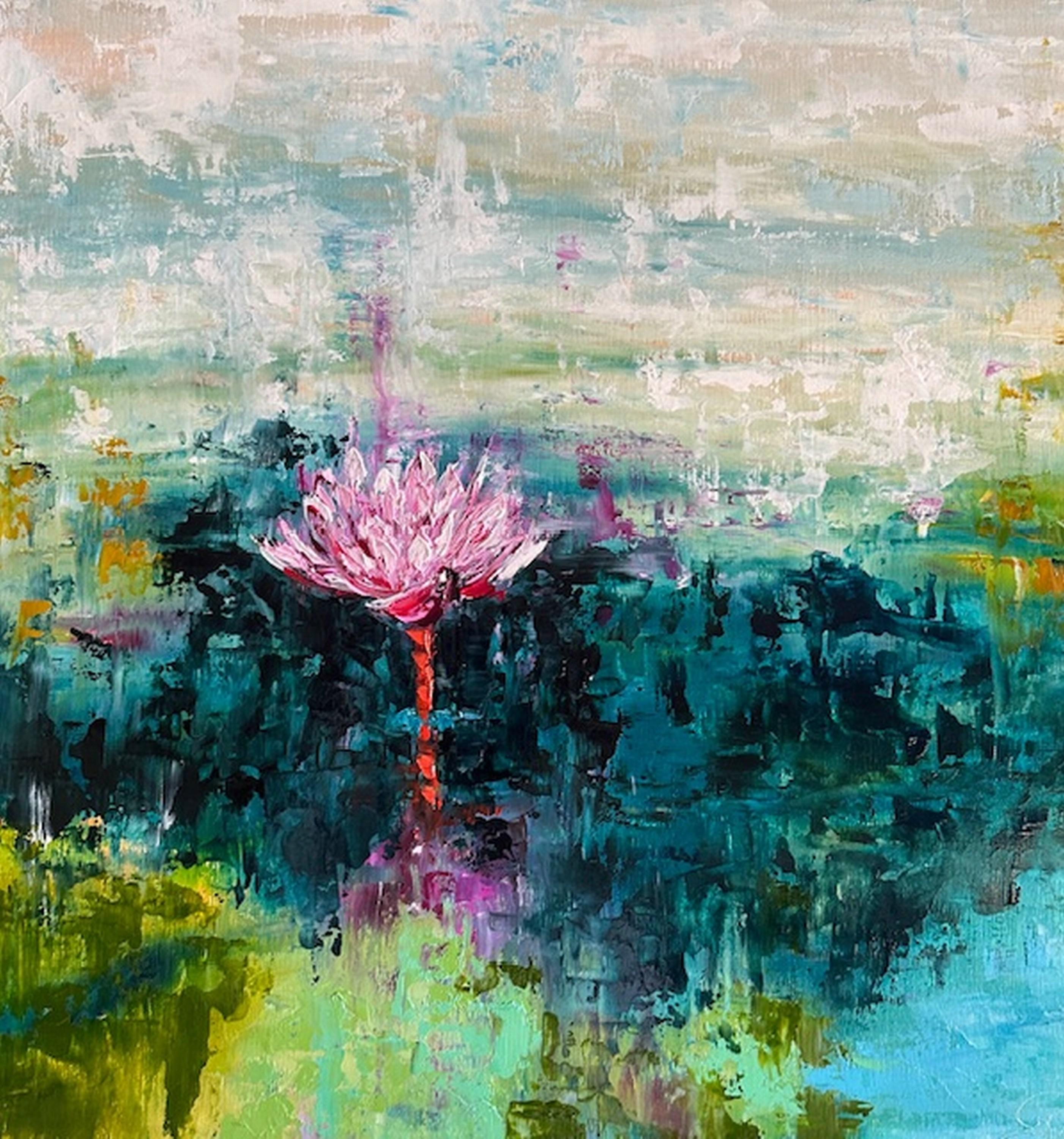 Reflexion (Ölgemälde, Impasto, Impressionismus, farbenfroh, Pastell, warm, Rose) – Painting von Genevieve Hamel