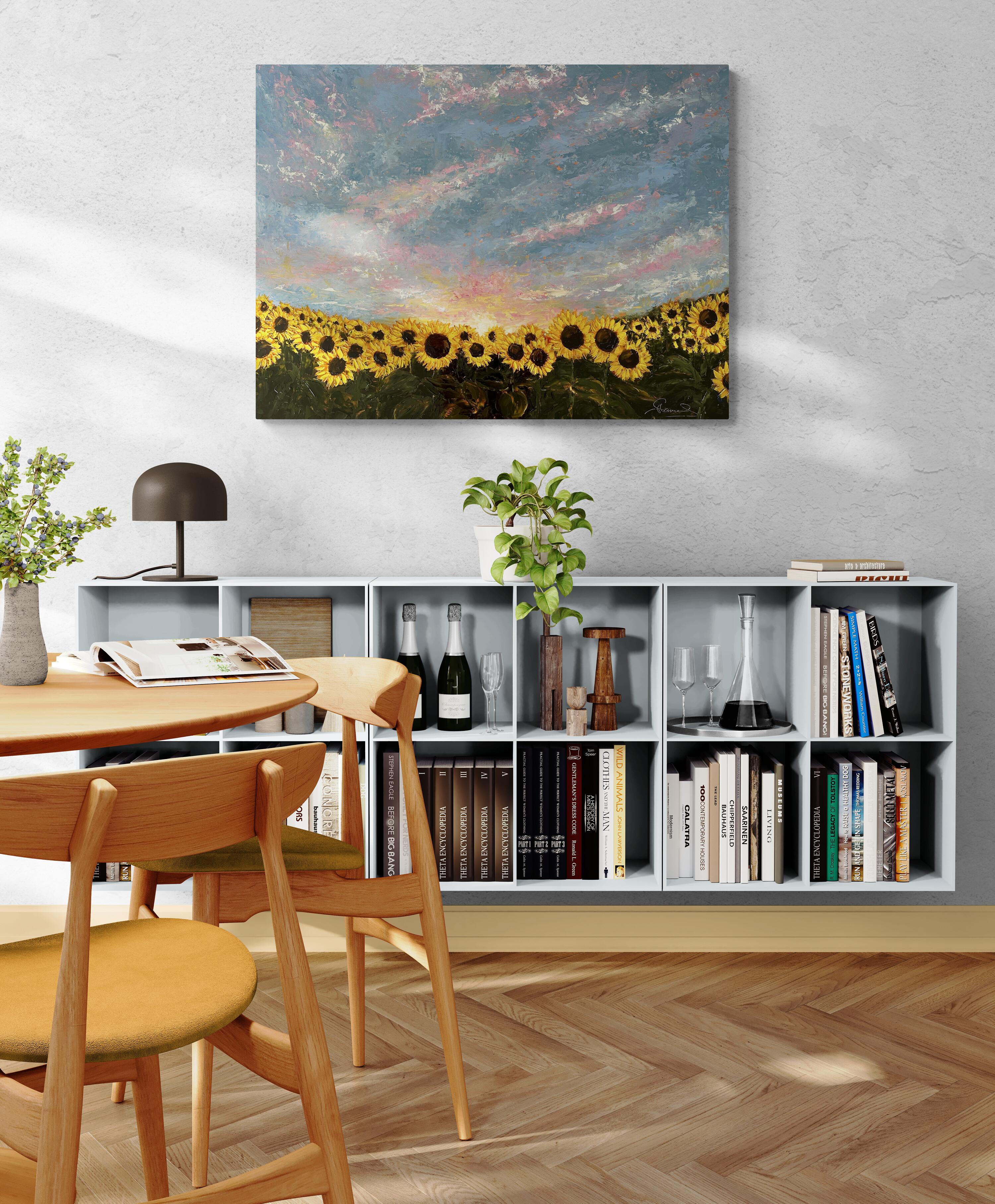 Jardín de girasoles (Pintura al óleo, Impasto, Impresionismo, Colorido, Cálido, Amarillo) - Painting de Genevieve Hamel