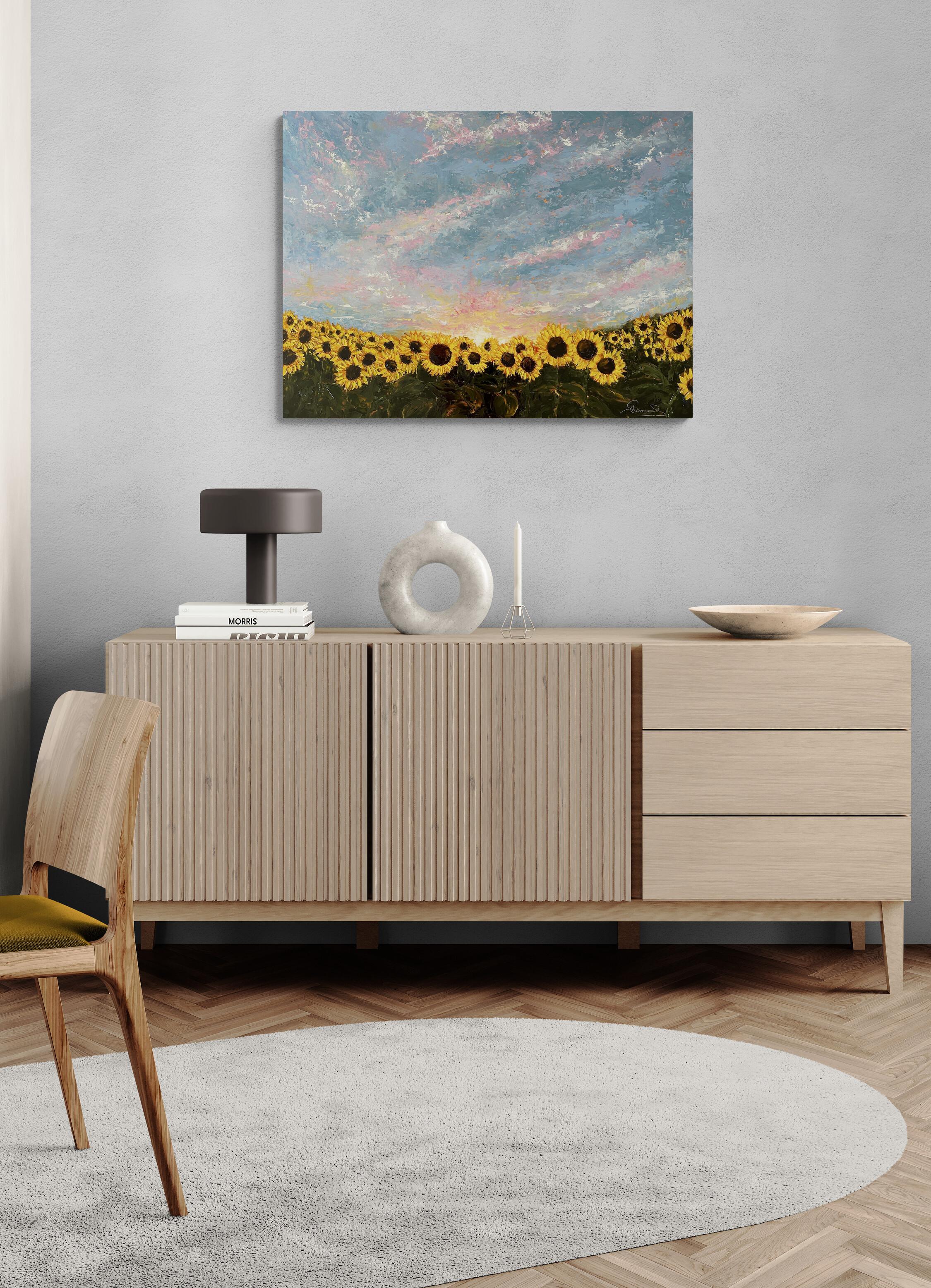 Jardín de girasoles (Pintura al óleo, Impasto, Impresionismo, Colorido, Cálido, Amarillo) - Painting Moderno de Genevieve Hamel