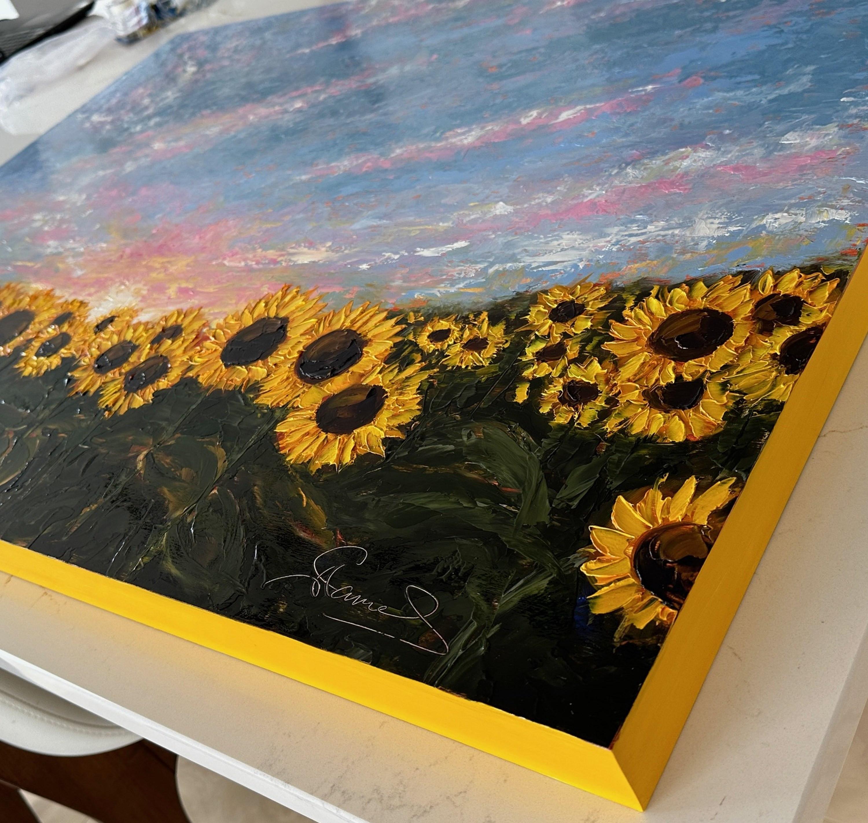 Jardín de girasoles (Pintura al óleo, Impasto, Impresionismo, Colorido, Cálido, Amarillo) - Landscape Painting Gris de Genevieve Hamel