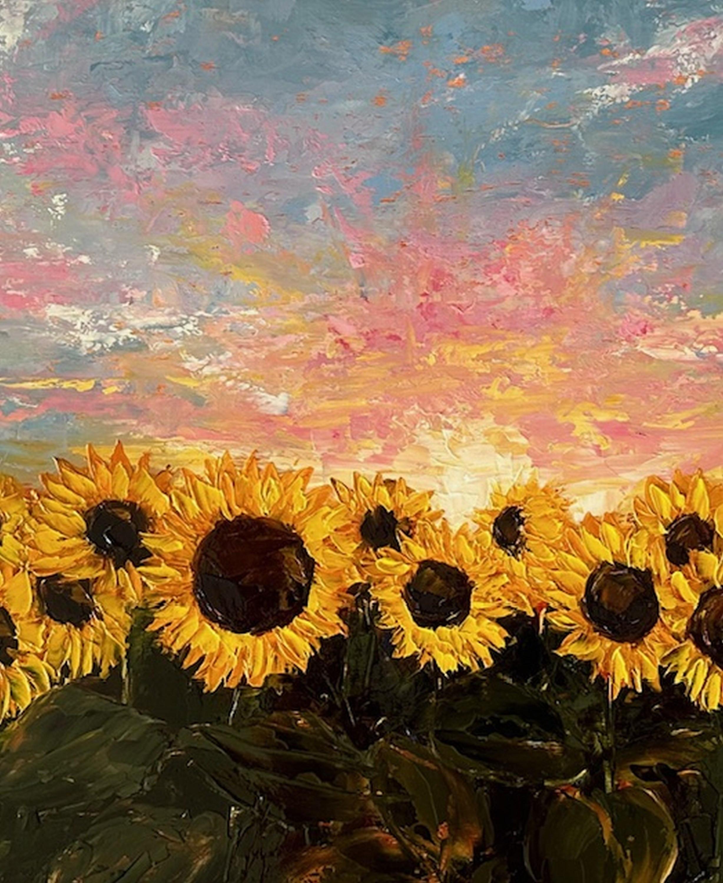 Jardín de girasoles (Pintura al óleo, Impasto, Impresionismo, Colorido, Cálido, Amarillo) en venta 1
