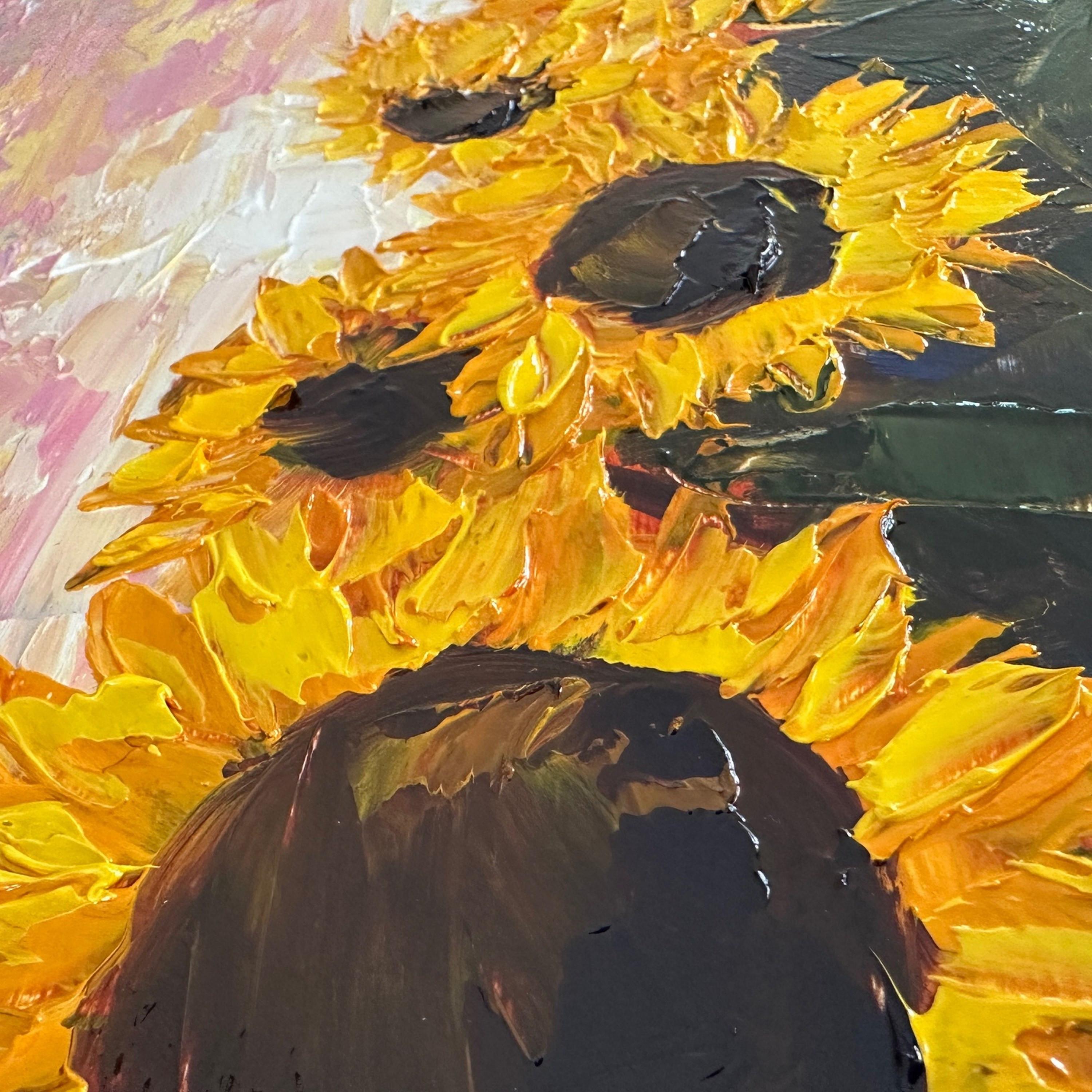 Jardín de girasoles (Pintura al óleo, Impasto, Impresionismo, Colorido, Cálido, Amarillo) en venta 2