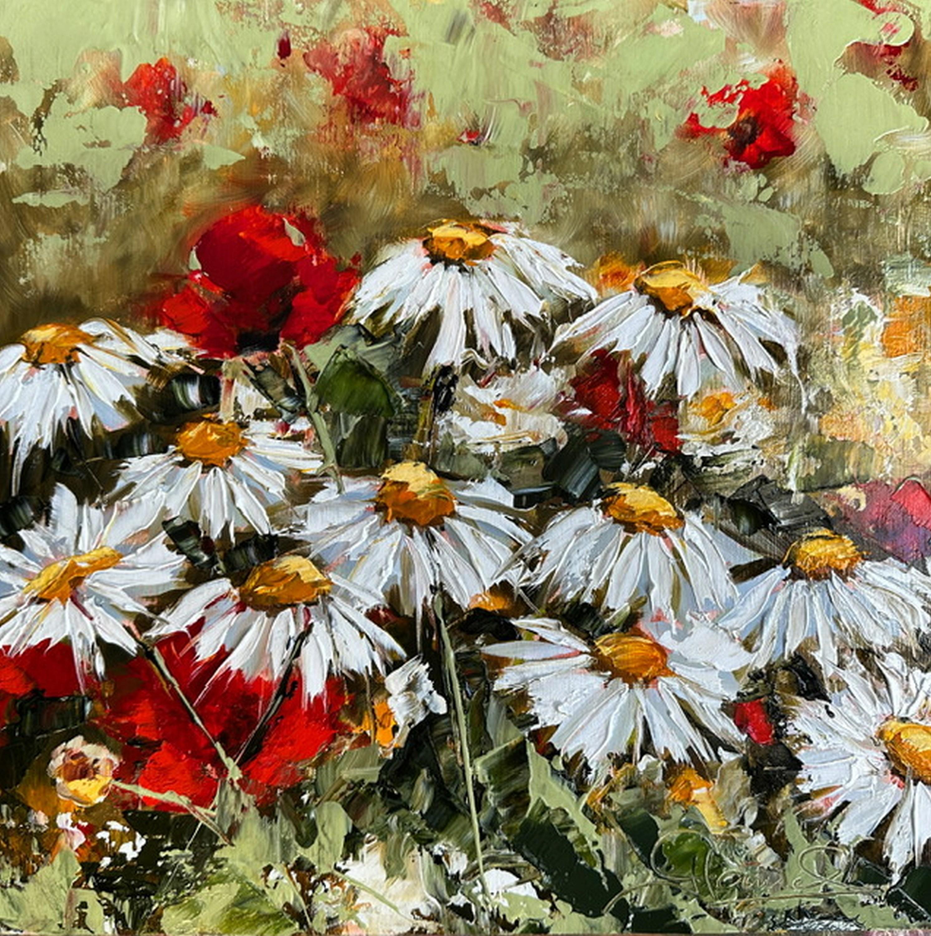 Genevieve Hamel
Together
Oil on Wood Panel
Year: 2024
Size: 12 x 12 x 1.625 inches
Signed by hand
COA provided
Ref.: 924802-2098

So harmonious, this combination of daisies & red poppies is just a delight! The thick impasto of the daisies’ petals
