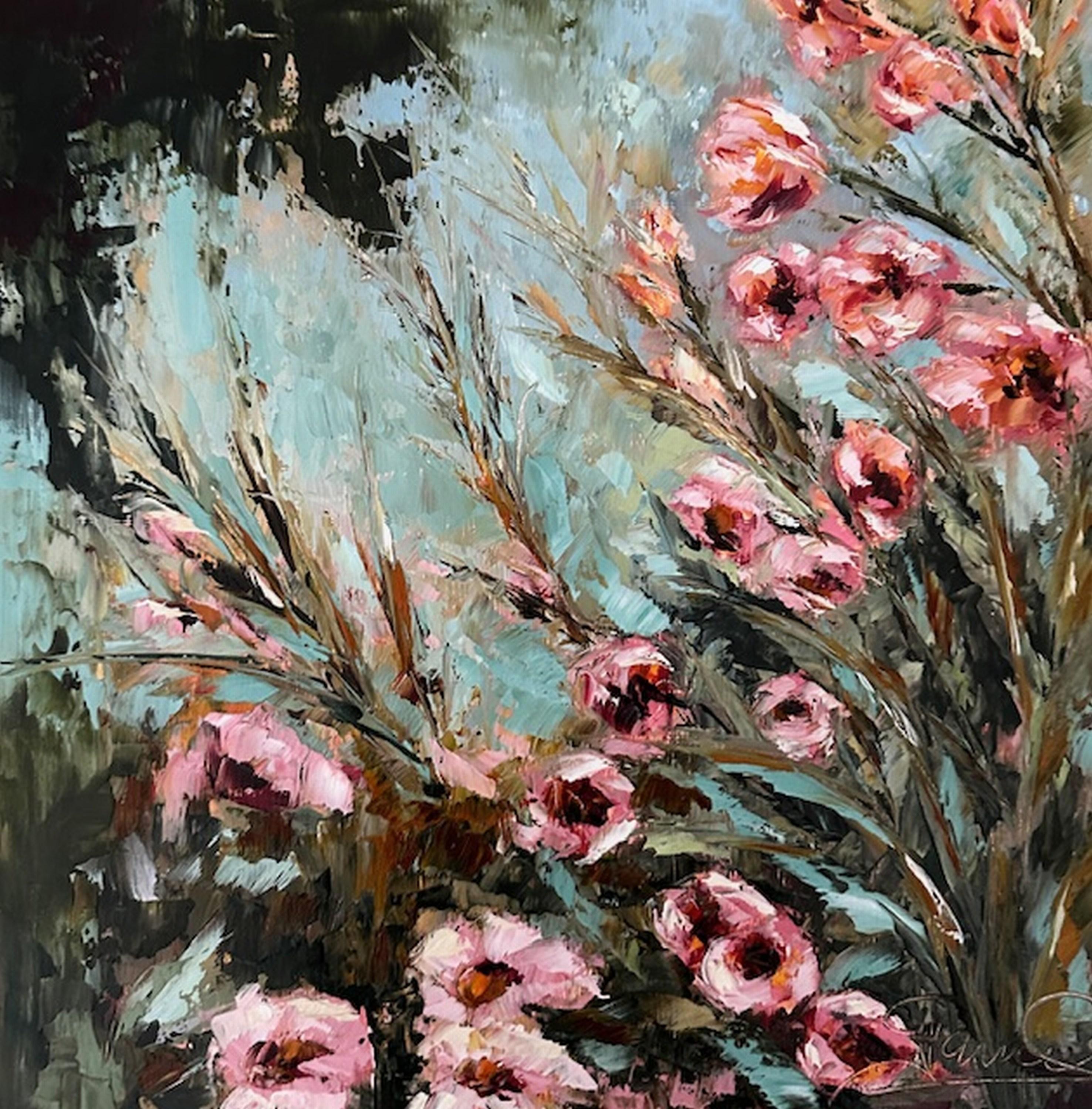 Genevieve Hamel Landscape Painting - Vintage Flowers (Oil Painting, Impasto, Impressionism, Colorful, Pastel, Rose)