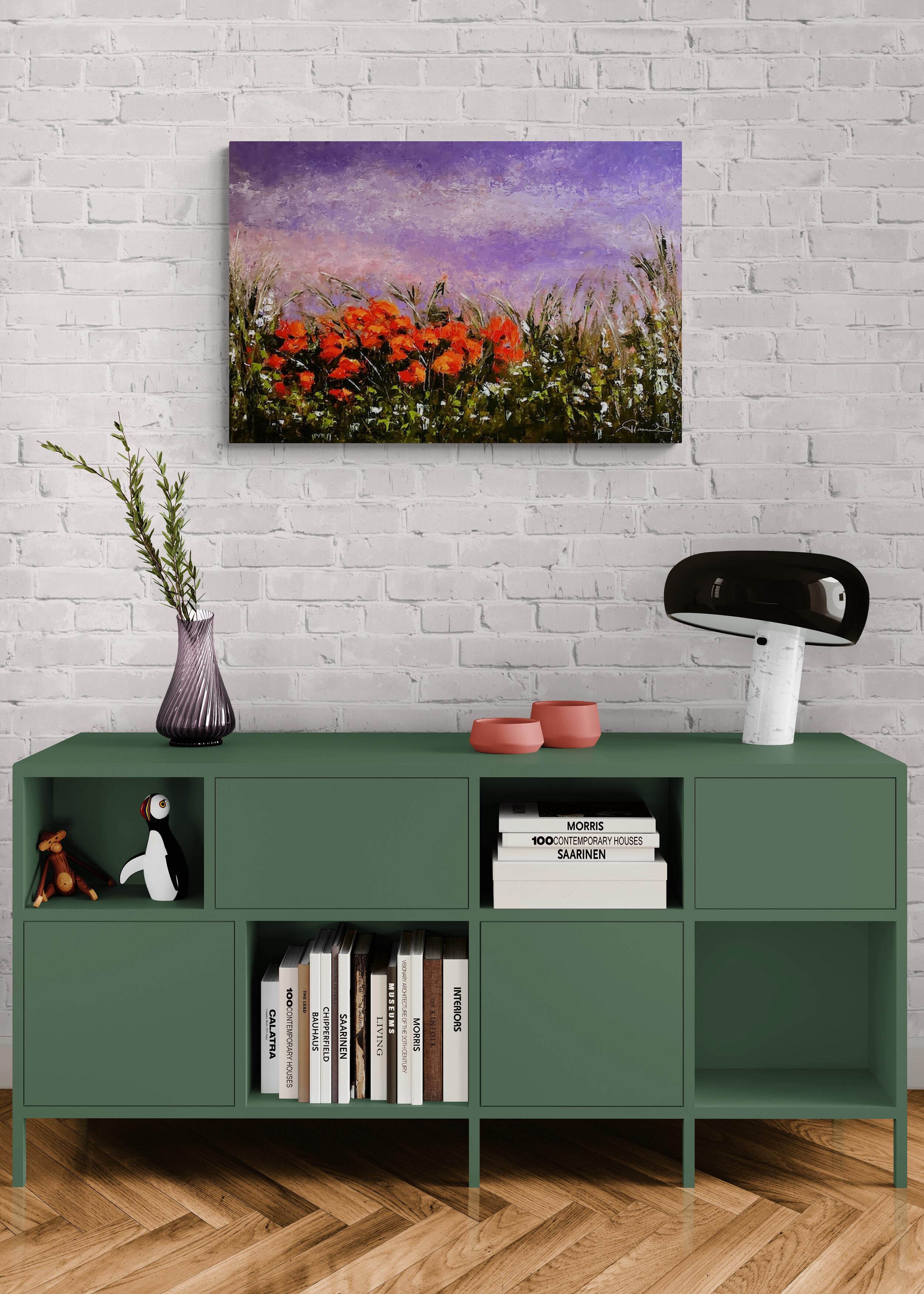 Genevieve Hamel
When the Sun Goes Down
Oil on Wood Panel
Year: 2024
Size: 24 x 36 x 1.625 inches
Signed by hand
COA provided
Ref.: 924802-2100

Standing out from the crowd, a bundle of orange poppies shines through a field of white wildflowers under