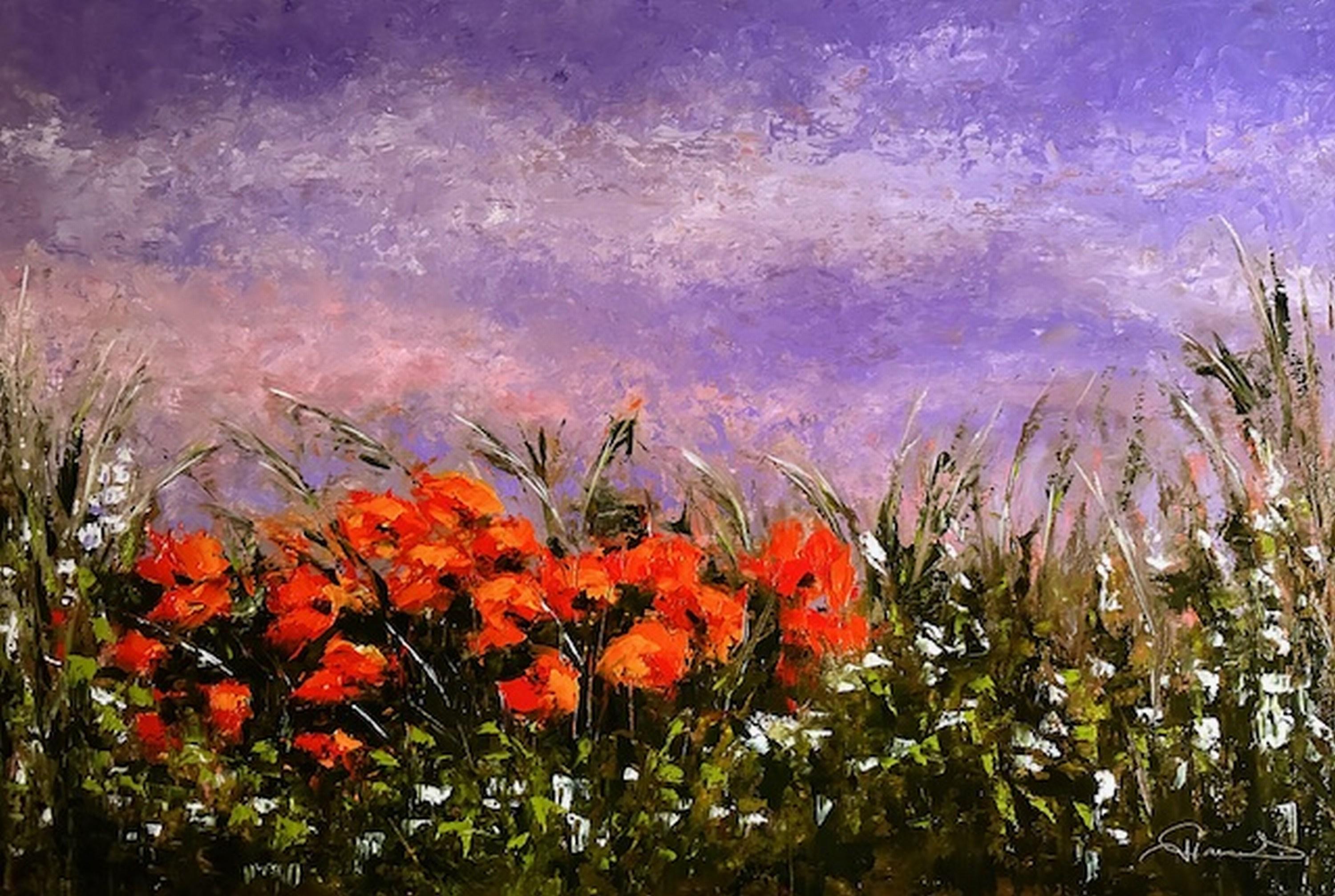 Genevieve Hamel Landscape Painting – When the Sun Goes Down (Ölgemälde, Impasto, Impressionismus, Bunt, Flieder)