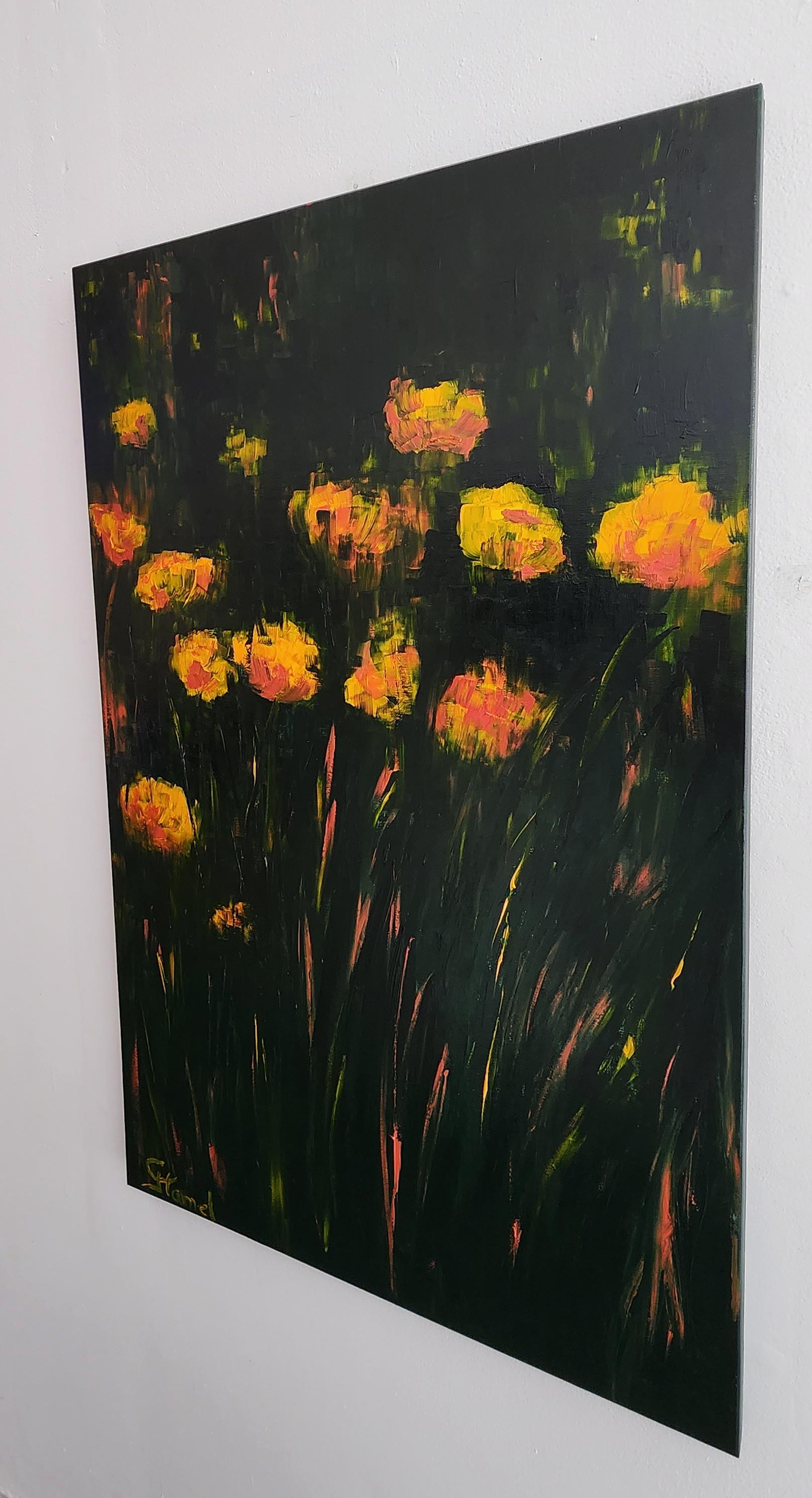 Yellow Flower Field - Modern Painting by Genevieve Hamel