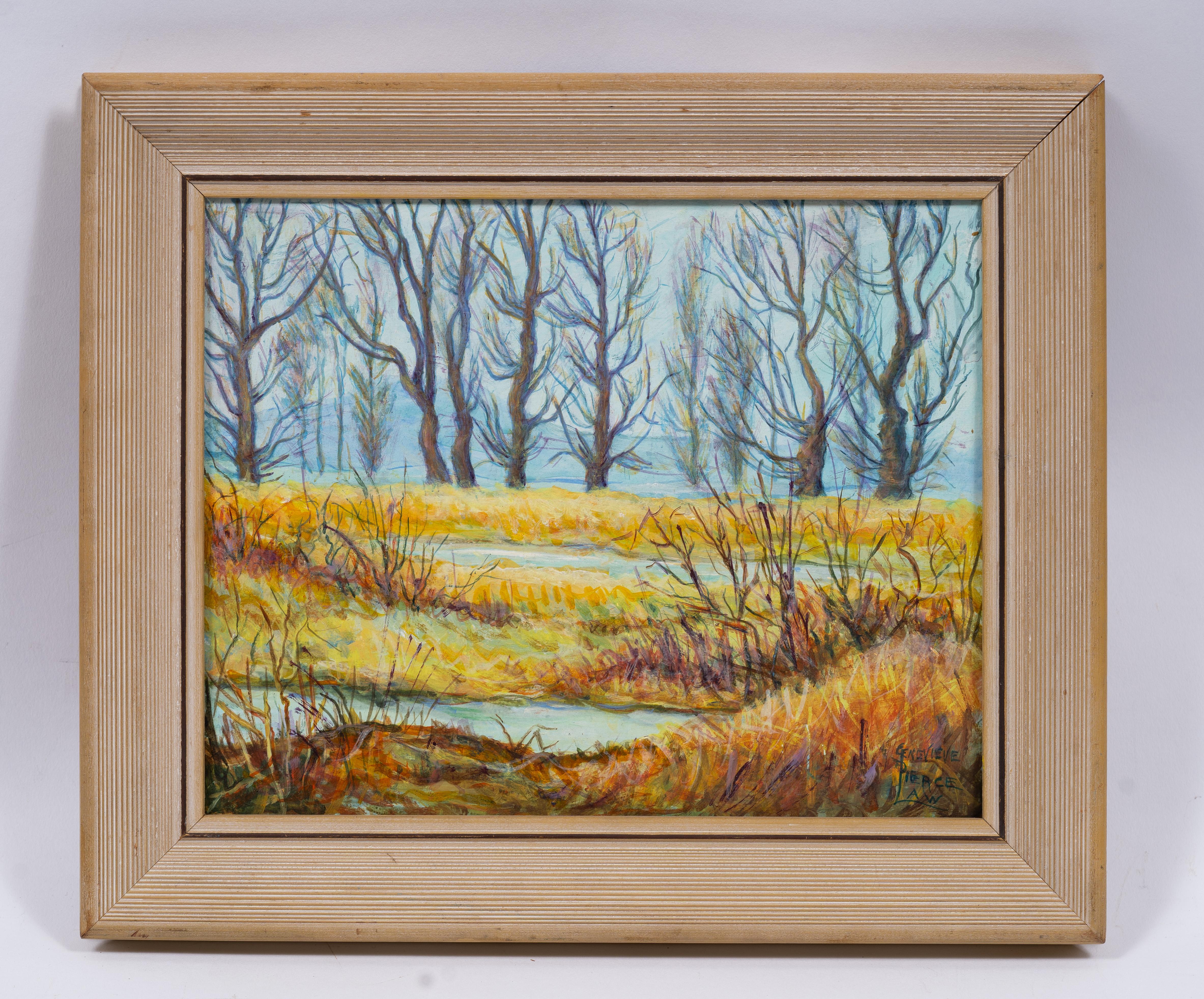 Antique American impressionist landscape painting by Genevieve Pierce Law (1906-1995).  Oil on board.  Framed.  Signed.
