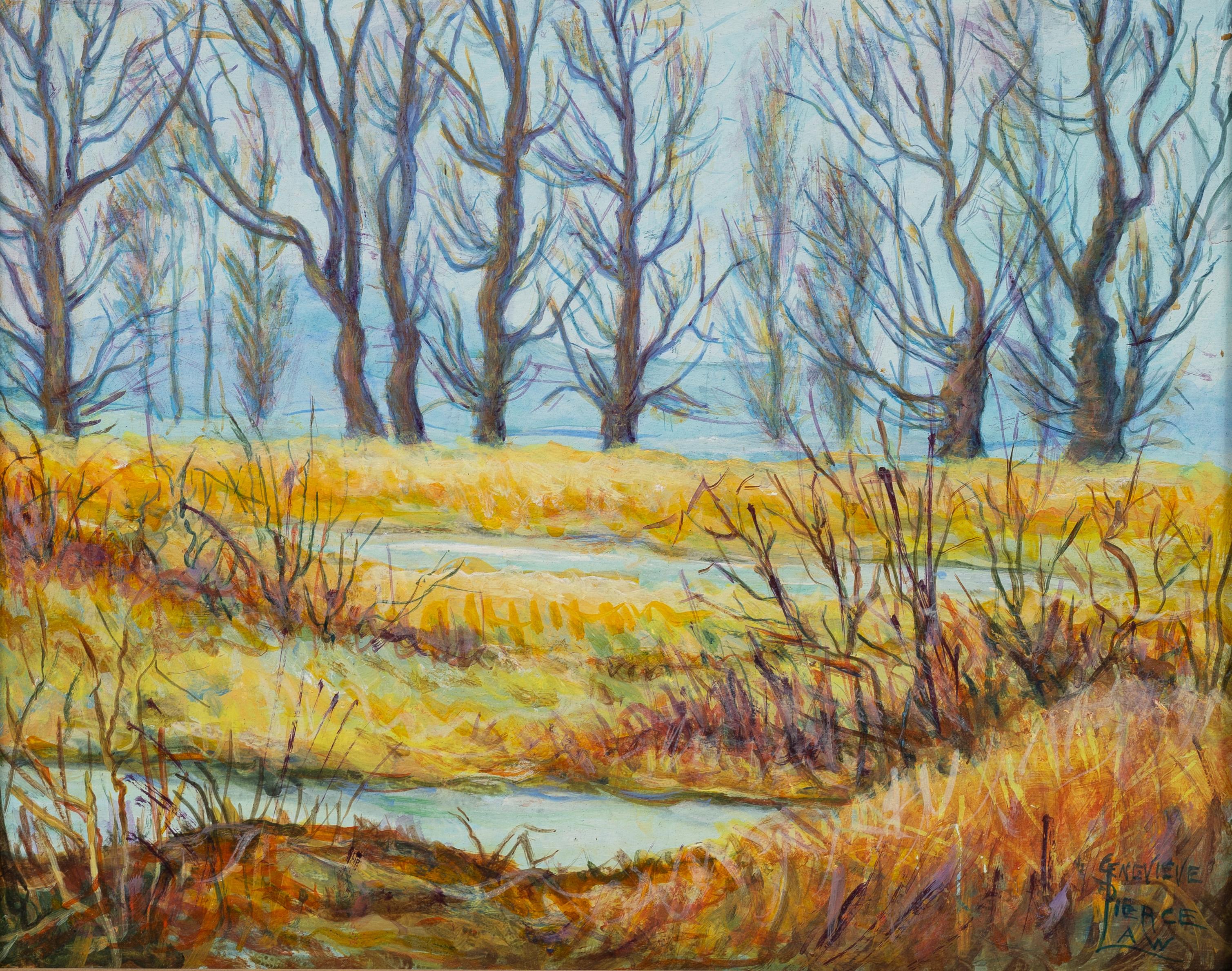 Antique American Impressionist Normandy Marsh Landscape Framed Oil Painting For Sale 1